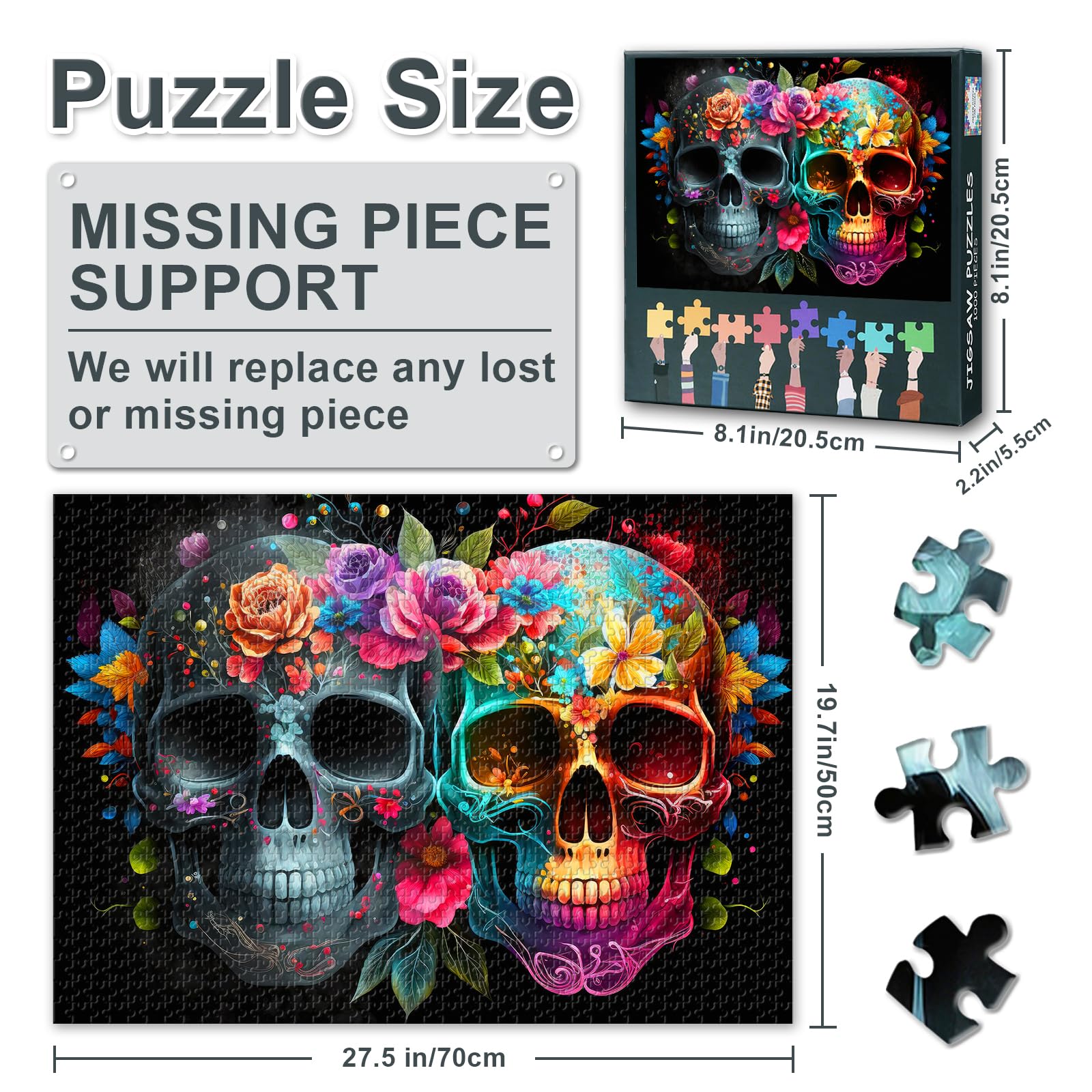 1000-Piece Jigsaw Puzzle for Adults, Close-up on Skull Face, with Colorful Sugar Skulls and Flowers - Image 3