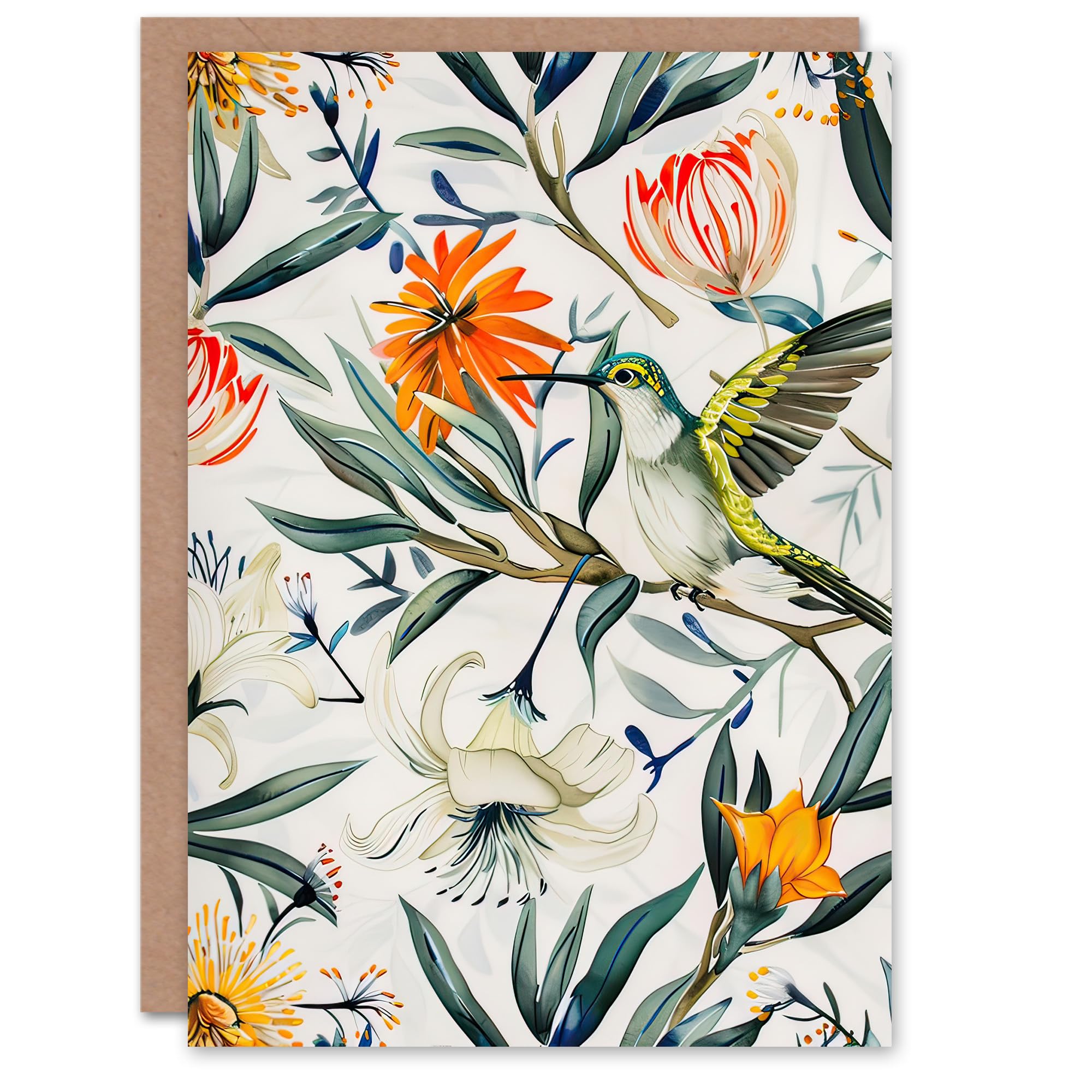 Artery8 Greeting Card Bright Exotic Flower Pattern with Hummingbird For Her Woman Birthday Card