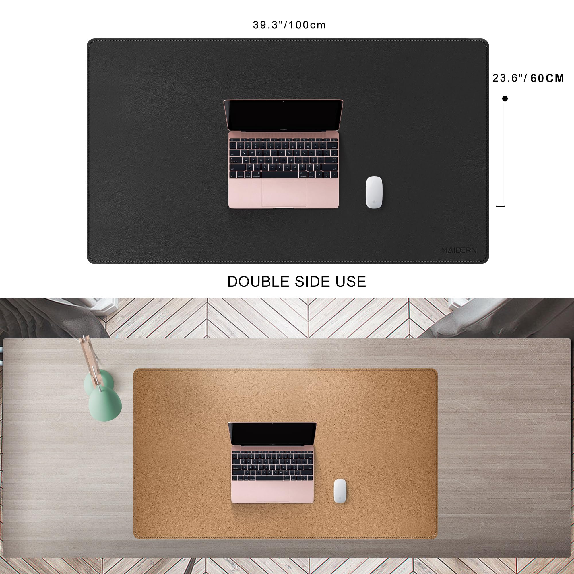 MAIDERN Tappetino da scrivania, 100 x 60cm tappetino per mouse bifacciale in sughero e pelle PU, tappetino da scrivania morbido e impermeabile per ufficio/casa(Nero)