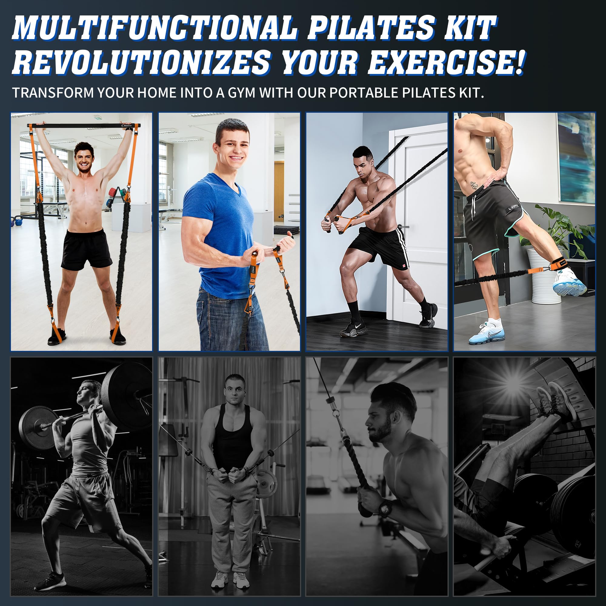 Przenośny drążek do pilatesu i pasek oporowy z uchwytami, zawiera kotwice do drzwi, pasek na kostkę i paski przedłużające - z plakatami fitness i filmami