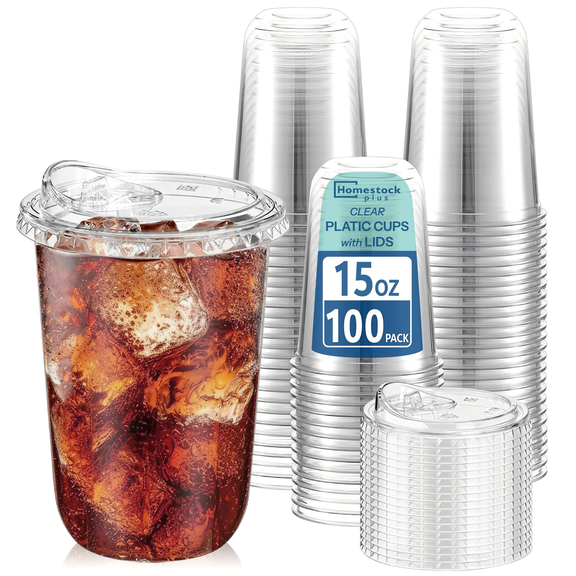 Homestockplus 15 oz Clear Plastic Cups with Lids 100 Pack - Strawless Sip Lids Leak-Proof BPA-Free Iced Coffee