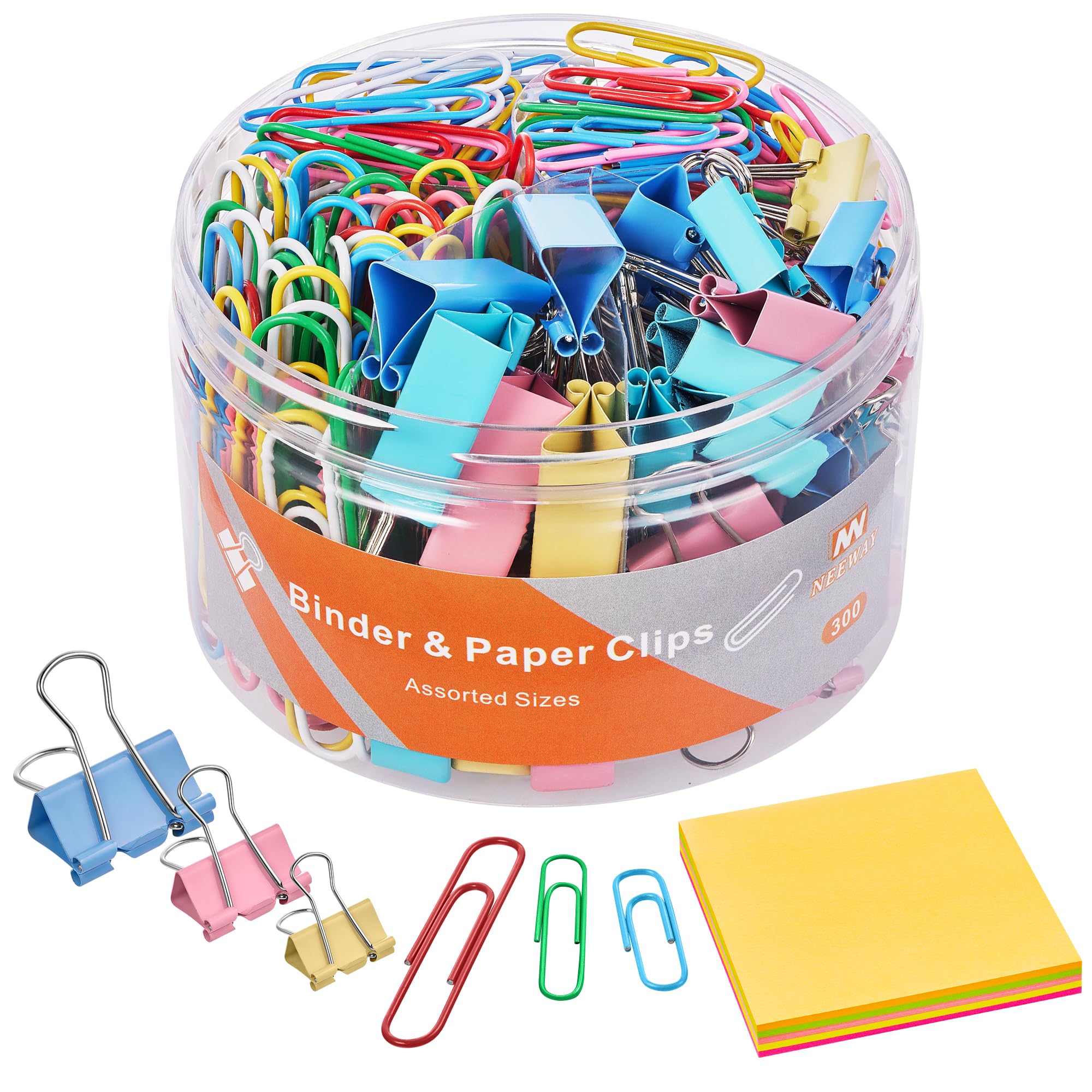 NEEWAY Set di 300 graffette e clip per raccoglitori, dimensioni assortite, con 100 fogli di foglietti adesivi, graffette colorate e clip per raccoglitori, per casa, scuola, ufficio