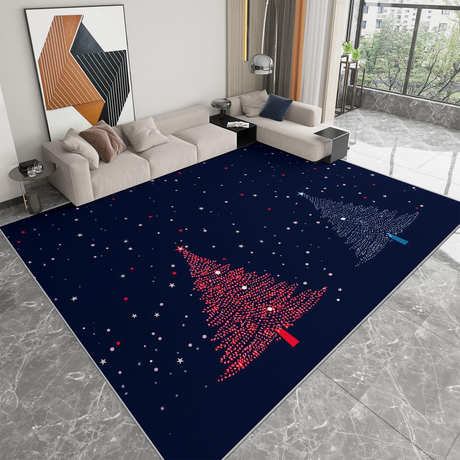 Alfombra de árbol de Navidad, copos de nieve, 120 x 170 cm, alfombra para dormitorio, cielo estrellado de Navidad, alfombra de cocina, antideslizante, lavable, para salón, comedor, entrada interior
