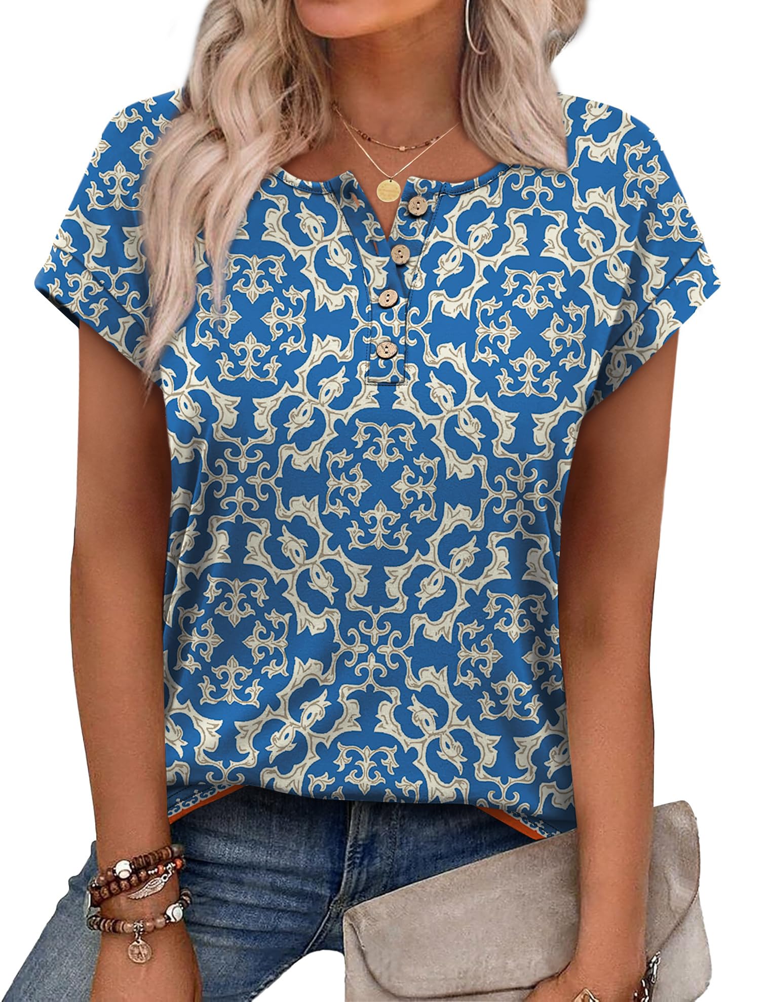 Aokosor Womens Summer Tops Floral Printed Short Capsleeve Shirts Crew Neck Cute Fashion Dressy Tunic Blouses for UK — view 6