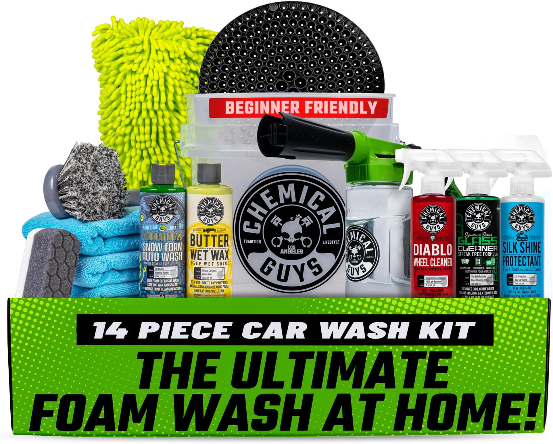 Car Wash Kit 14-Pc Arsenal Builder - with Foam Blaster, Wash Bucket, Towels, Applicators, and 16 oz Soaps, Waxes, and Cleaners - Complete Car Detailing Gift Set, Works with Garden Hose