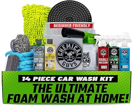 Chemical Guys Car Wash Kit 14-Pc Arsenal Builder - with Foam Blaster, Wash Bucket, Towels, Applicators, and 16 oz Soaps, Waxes, and Cleaners - Complete Car Detailing Gift Set, Works with Garden Hose