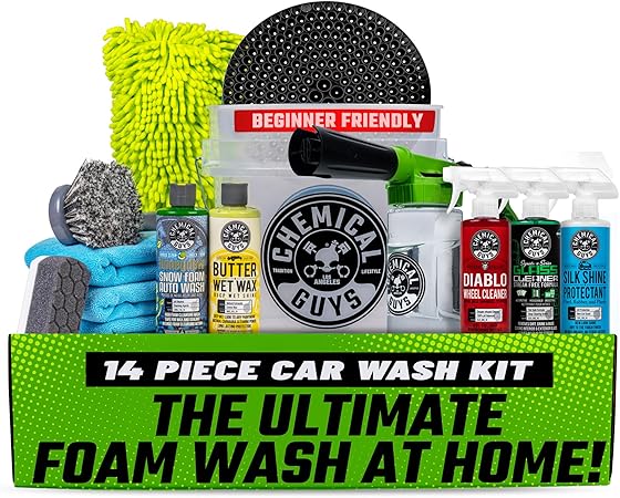 Chemical Guys Car Wash Kit 14-Pc Arsenal Builder - with Foam Blaster, Wash Bucket, Towels, Applicators, and 16 oz Soaps, Waxes, and Cleaners - Complete Car Detailing Gift Set, Works with Garden Hose