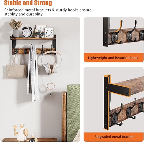 Miniatura 5 de Ganchos de pared con estante, perchero de madera con estante montado en la pared, estantes colgantes de entrada con 5 ganchos de metal para ropa,