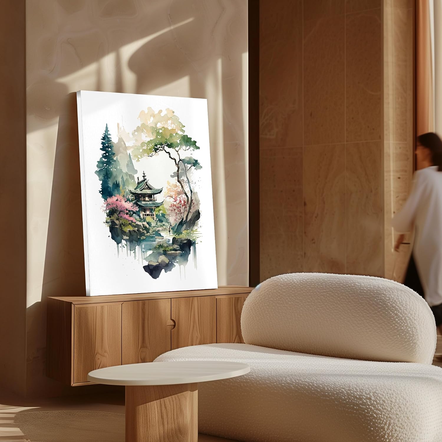 Poster Master Japanese House Canvas - Japanese Lakehouse Print - Watercolor Art - Housewarming Gift for Him, Her, Nature Lover - Landscape Decor for Home, Office, Living Room - 8x10 STRETCHED Canvas