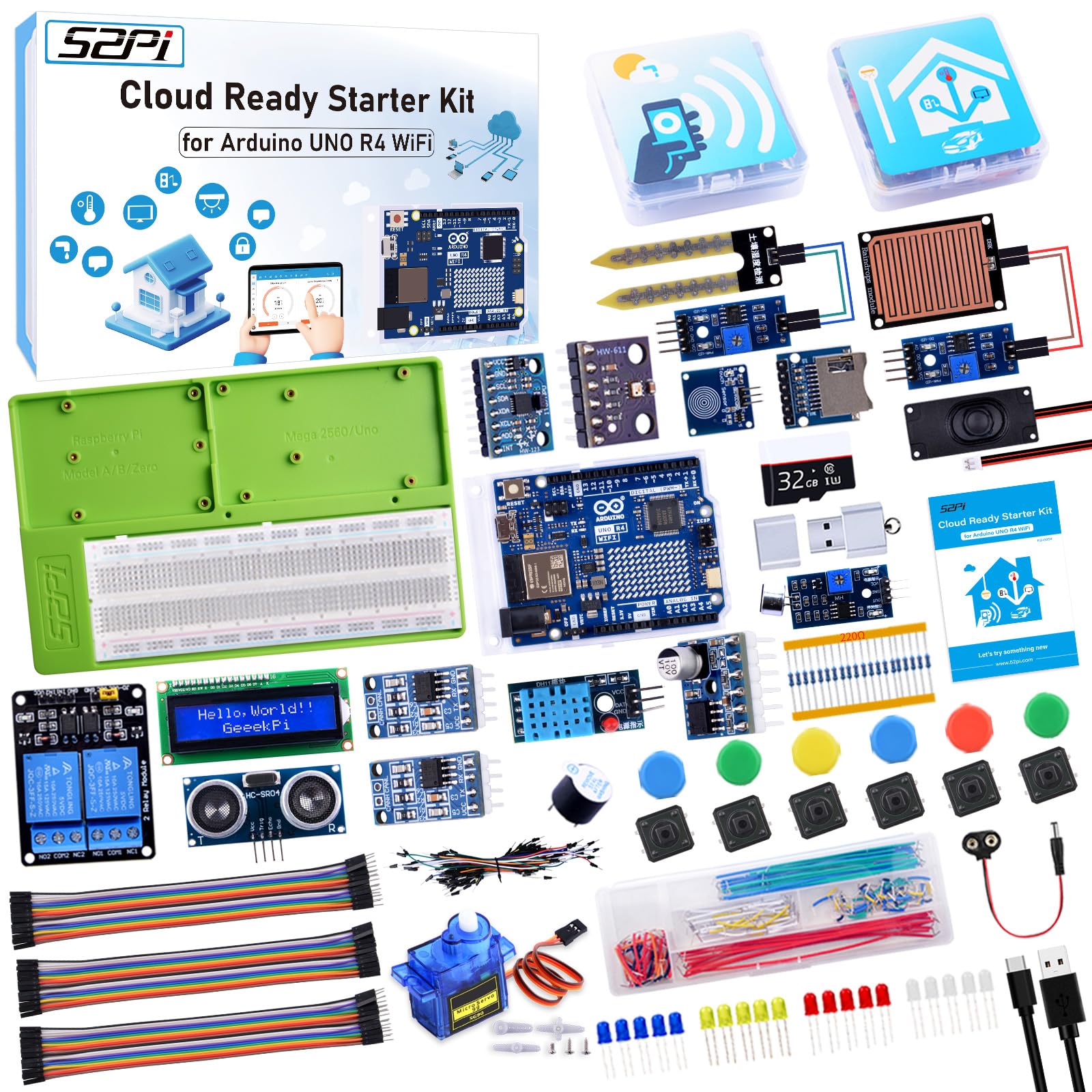 GeeekPi UNO R4 WiFi Ultimate Starter Kit, with Original UNO R4 WiFi, Smart IoT & Basic Sensor Projects with Tutorials, Compatible with Arduino IDE, Includes Various Sensors and Accessories