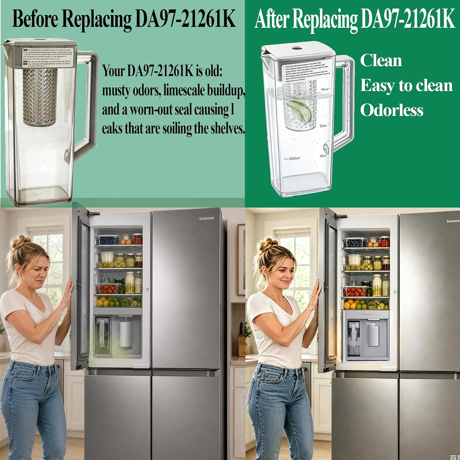 DA97-21261K Water Pitcher Compatible with samsung Pitcher RF30BB6600QL, RF29BB8600QL, RF23BB8600QL, RF30BB660012, etc Refrigerators Water Pitcher. No Leak, Include 2 Sealing Rings, 1 Year Warranty.