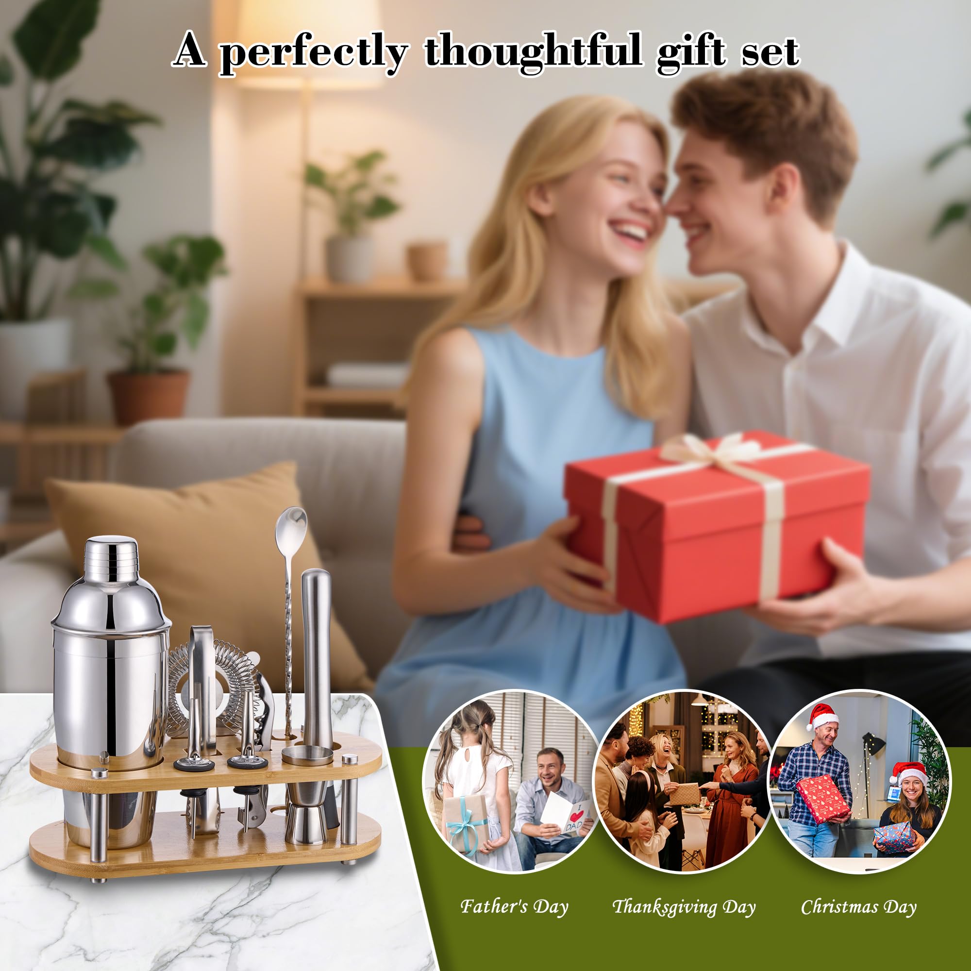 Set di shaker per cocktail da barista, 11 pezzi, con supporto in bambù e tutti gli accessori da bar: shaker Martini, colino, misurino, pestello, cucchiaio miscelatore, kit da bar, casa e feste