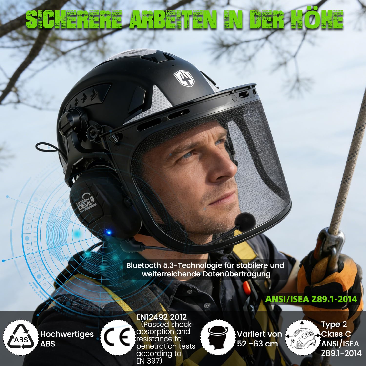 GREEN DEVIL VOLTEK Forest AIR Waldarbeits-Schutzhelm ABS Forsthelm für Hocharbeitsplätze Zertifizierung EN12492 Bestanden EN397 Stoßdämpfung und Eindringfestigkeit Test Berufsschutzhelm