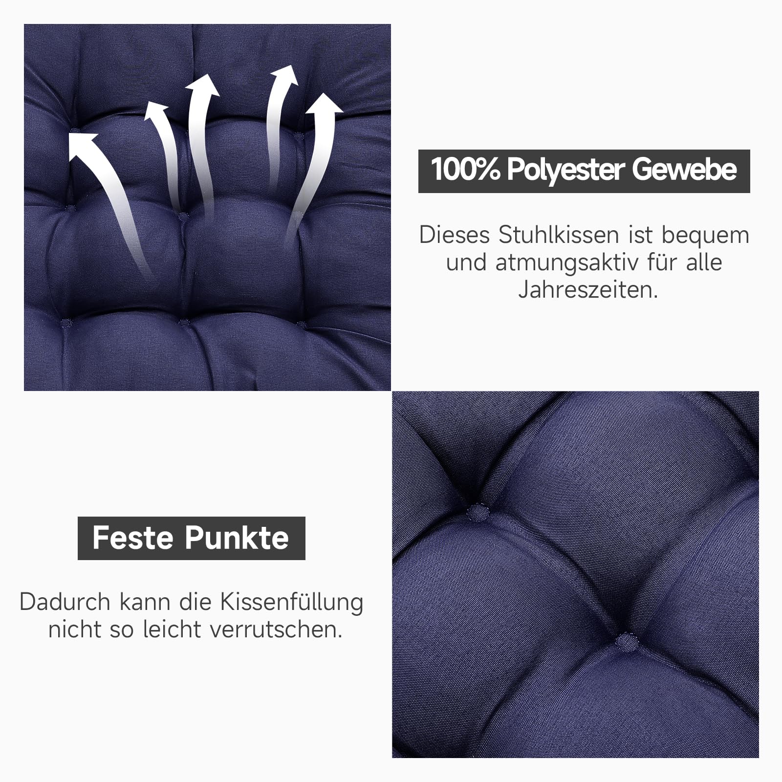 4er Set Stuhlkissen mit Bändern, Bequemes Sitzkissen 40x40 cm Stuhlauflage für Bürostuhl, Gartenstuhl, Balkonstuhl, Sitzpolster Indoor & Outdoor für Esszimmer, Wohnzimmer, Studierzimmer Blau