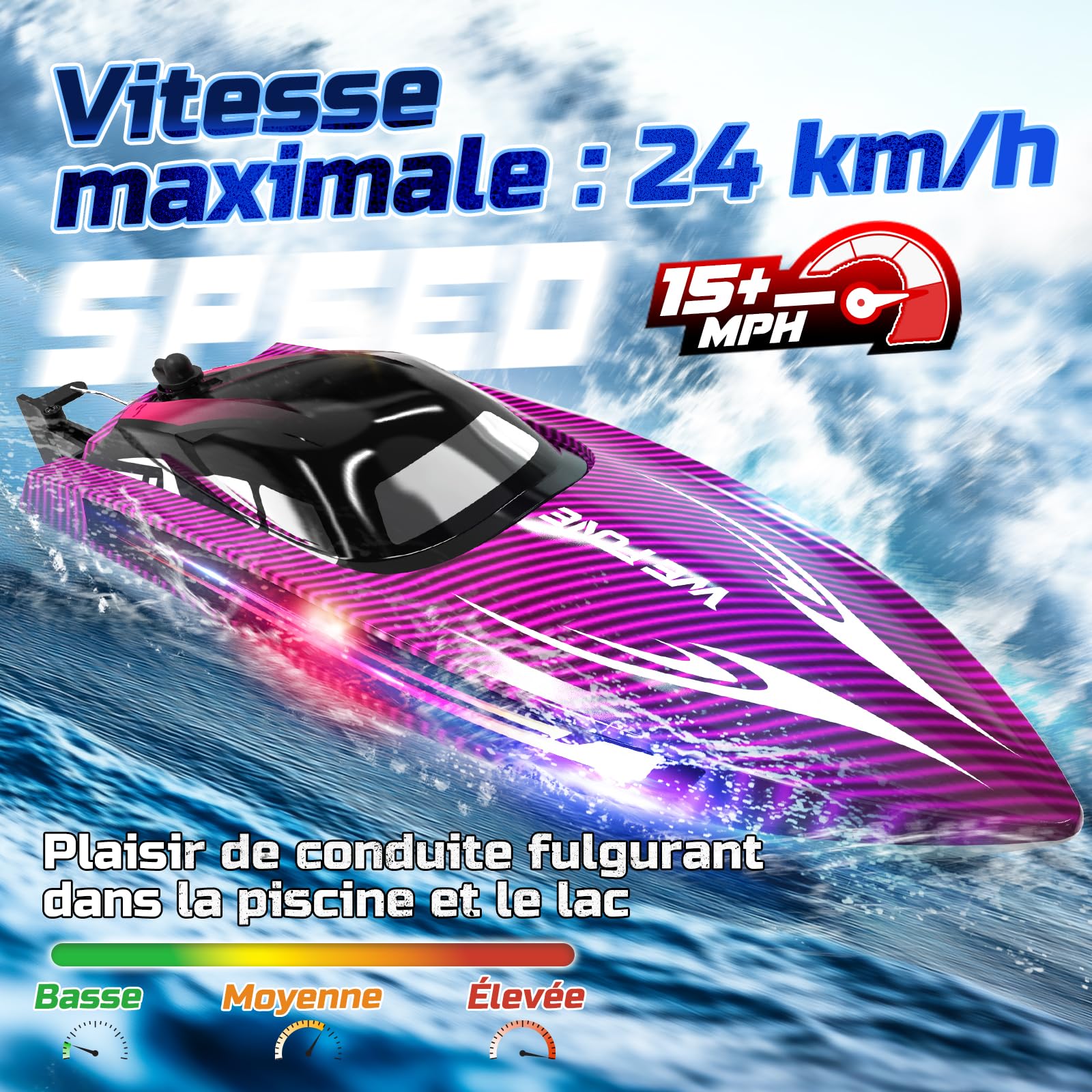 WeFone Barco RC de Alta Velocidad para Niños y Adultos, Más de 15 mph, Lancha Teledirigida con Luces LED, Autoenderezable, Modo Demo, Impermeable, Piscinas y Lagos, 2 Baterías 40 Min, Morado