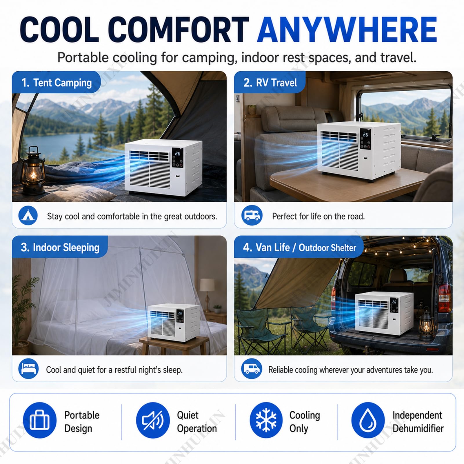 Climatizzatore per Camper Portatile 280W 1881 BTU Condizionatore, Silenzioso 45dB con Vero Compressore, senza Unità Esterna, Deumidificatore, per Tenda, Campeggio, Camper, Roulotte, Ufficio