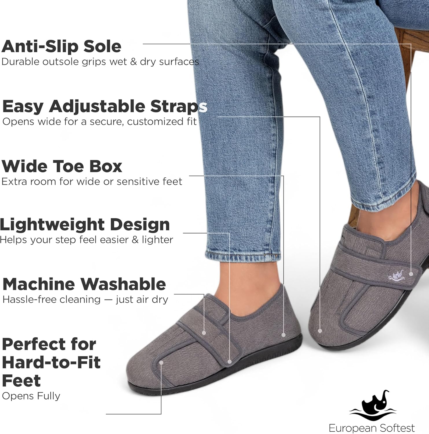 Men’s Wide Fit Adjustable Slippers – Opens at Top & Heel, Memory Foam, Non-Slip Indoor/Outdoor Sole, Washable Comfort for Wide, Swollen & Sensitive Feet - Image 5