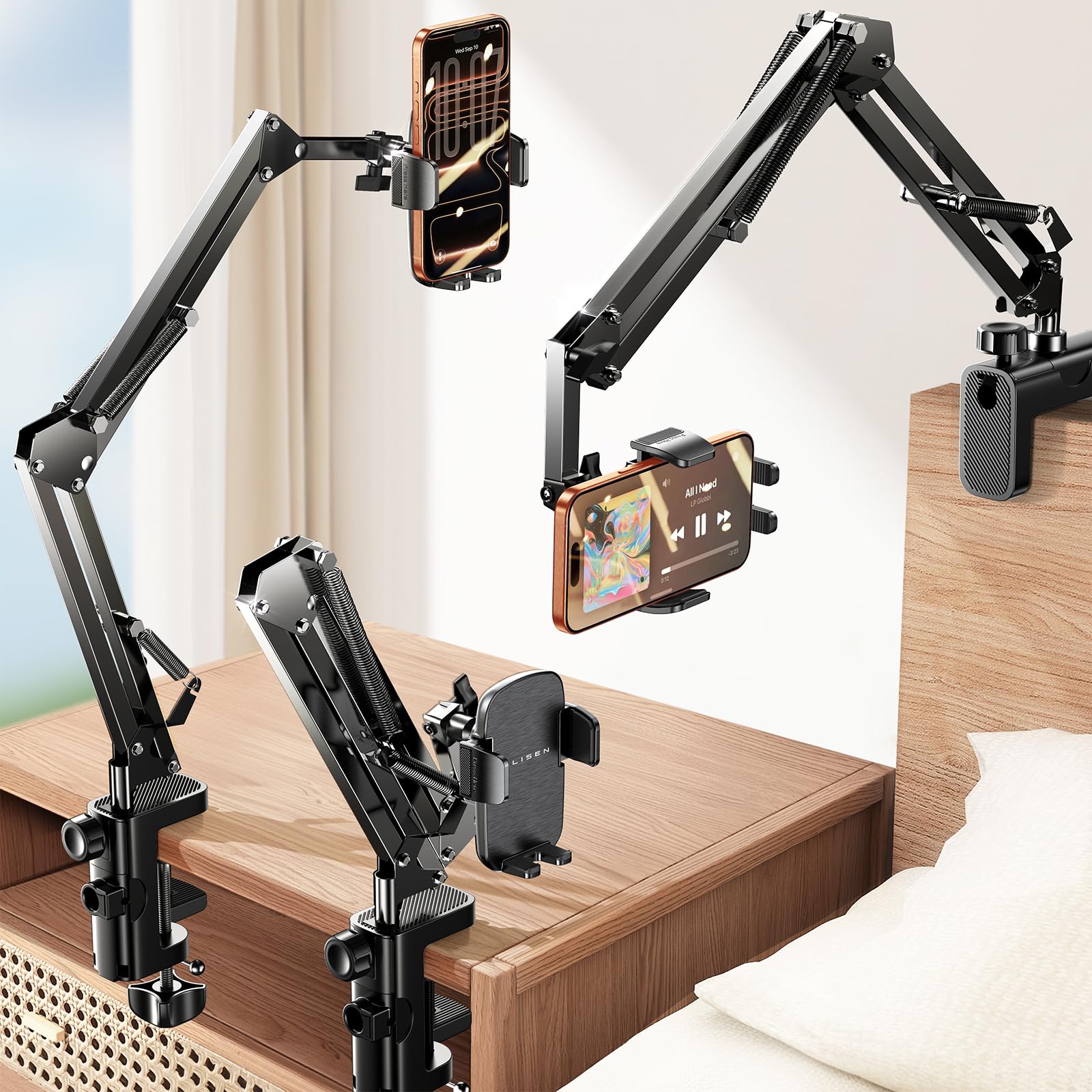 LISEN Gooseneck Phone Holder for Desk Bed [3rd Upgrade] Cell Phone Stand for Desk,Recording for iPhone Holder Fit iPhone 17 16 Filming Camera Laying Down,Bed Accessories Flexible Arm Clamp Clip Stand