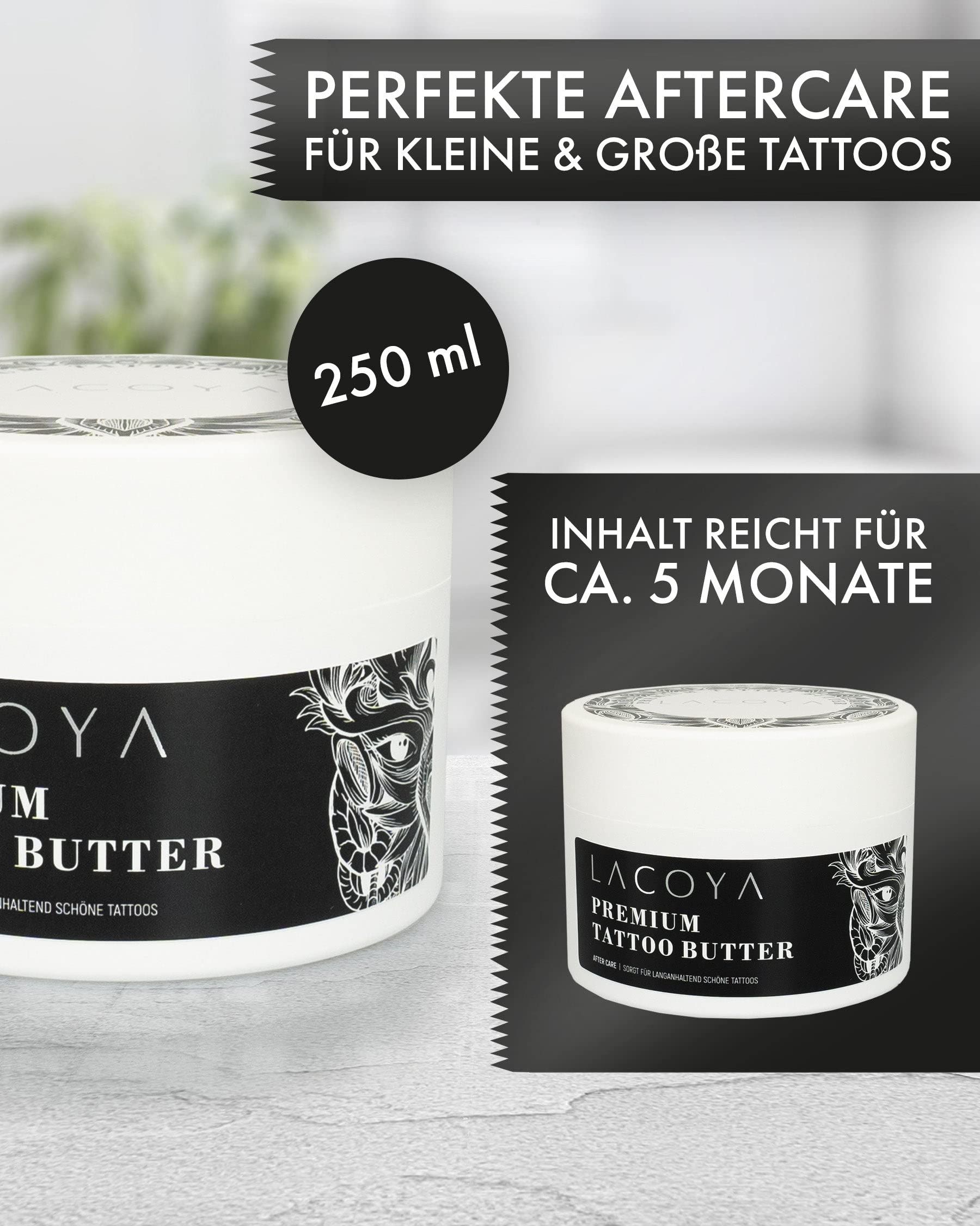LACOYA® - Premium Tattoo Butter für frisch tätowierte Haut - Pflegecreme für tägliche Tattoo After-Care Pflege - Tattoo-Creme mit Shea-Butter vegan atmungsaktiv (Made in Germany) - Tattoopflege Balsam