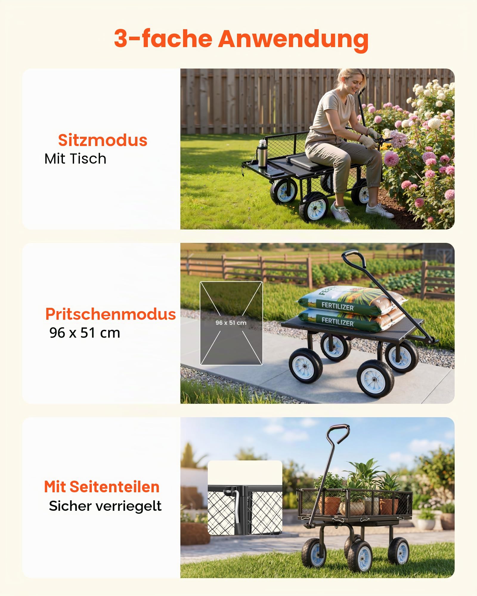 VEVOR Bollerwagen 226,8 kg Tragkraft, Gartenwagen mit Sitz & PU-Rädern, Transportwagen mit Werkzeugablage & Verstellbarem Griff, Gerätewagen für Rasen, Terrasse & Garten, Schwarz