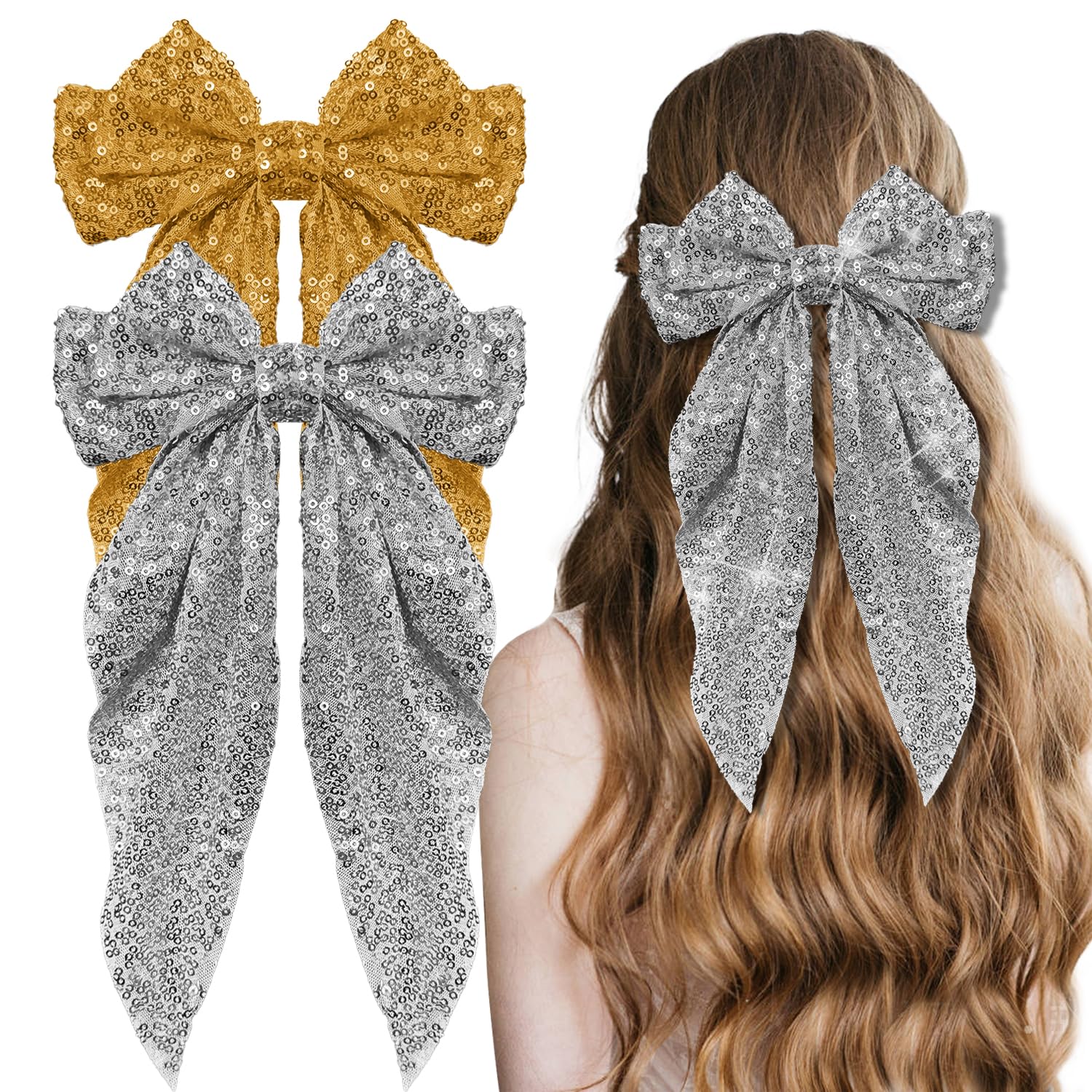 Ninejuize 2Pcs Glitter Hair Big Bows for Women Sequin Hair Bows Clips Sparkly Bowknot Style Barrettes Long Tail Hair Accessories