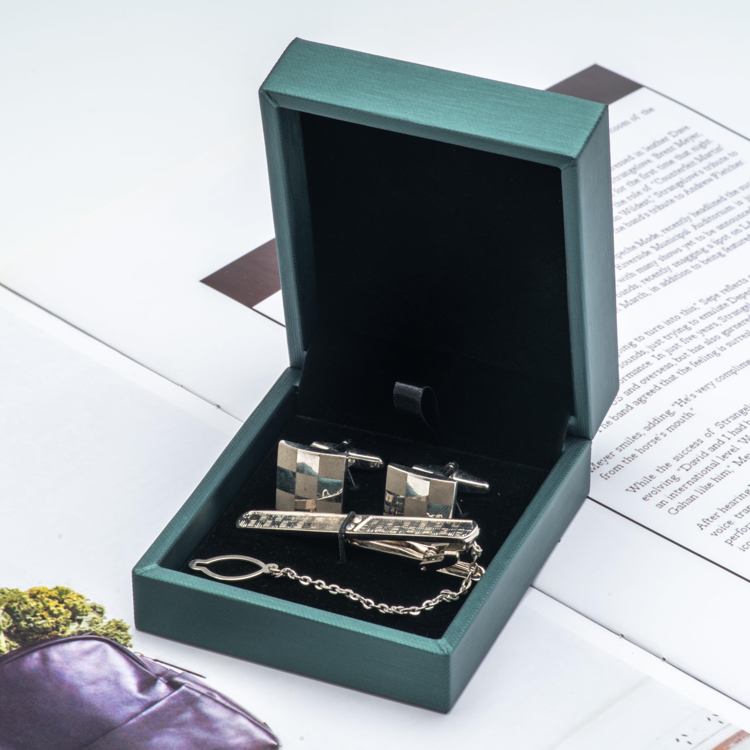 Caja para gemelos de piel sintética con clip para corbata, caja de regalo para joyas, color verde