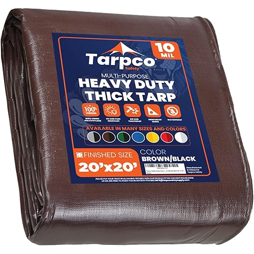 Tarpco Safety Heavy Duty 10 Mil Tarp Cover, Waterproof, UV Resistant, Rip and Tear Proof, Poly Tarpaulin with Reinforced Edges for Camping, Roof, Patio, Pool , Boat. (Brown/Black 20′ X 20′)