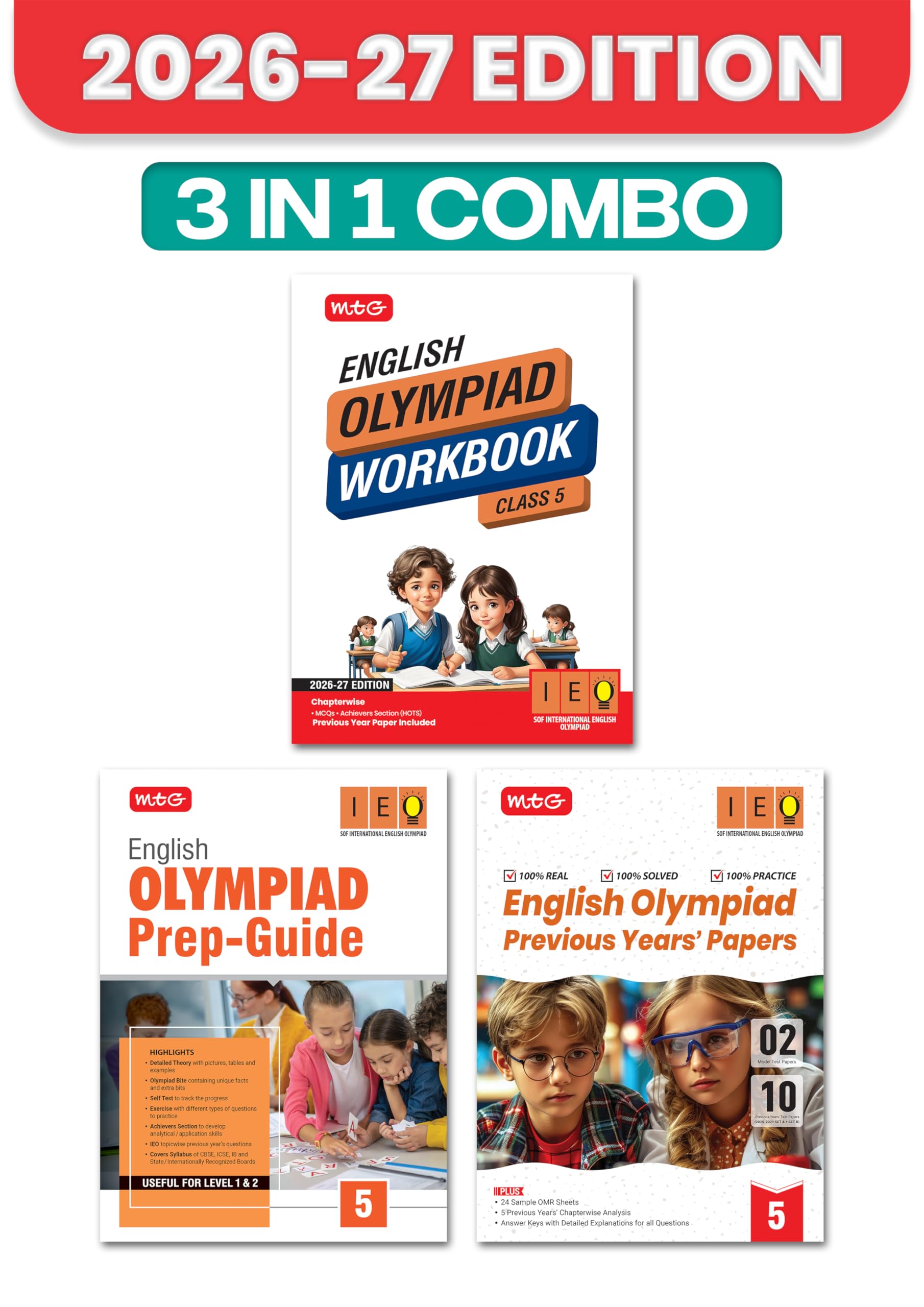 MTG English Olympiad (IEO) Workbook, Prep Guide & Previous Years Papers Class 5 (PYQs) with Mock Test Paper - SOF Olympiad Books For 2026-27 Exam (Set of 3 Books)