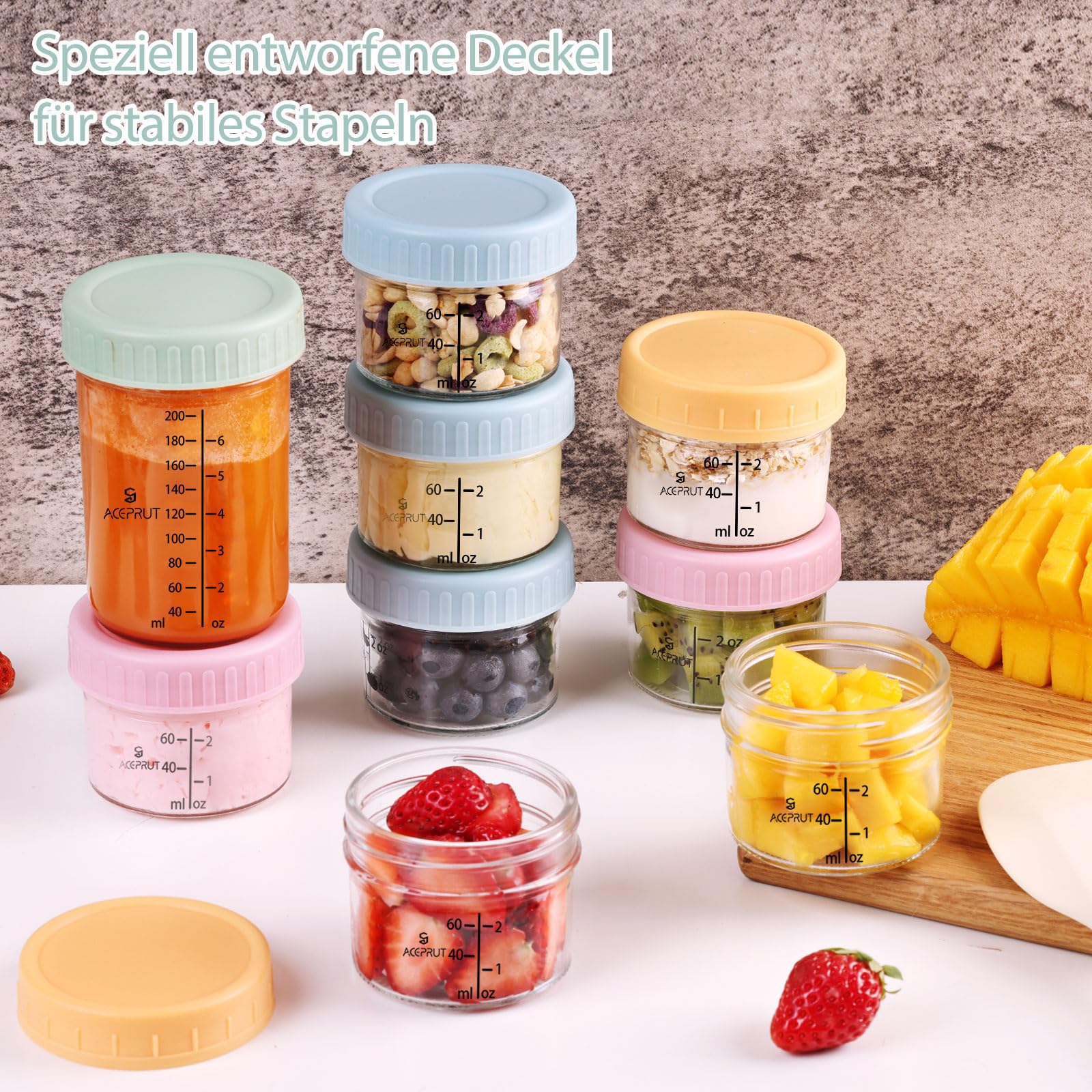 ACEPRUT 14 Stück Glas Babybrei Einfrieren Behälter, Beikost Baby Zubehör, Babynahrung Aufbewahrung, Auslaufsicher, BPA-frei, Mikrowelle, Geschirrspüler & Gefrierschrank sicher