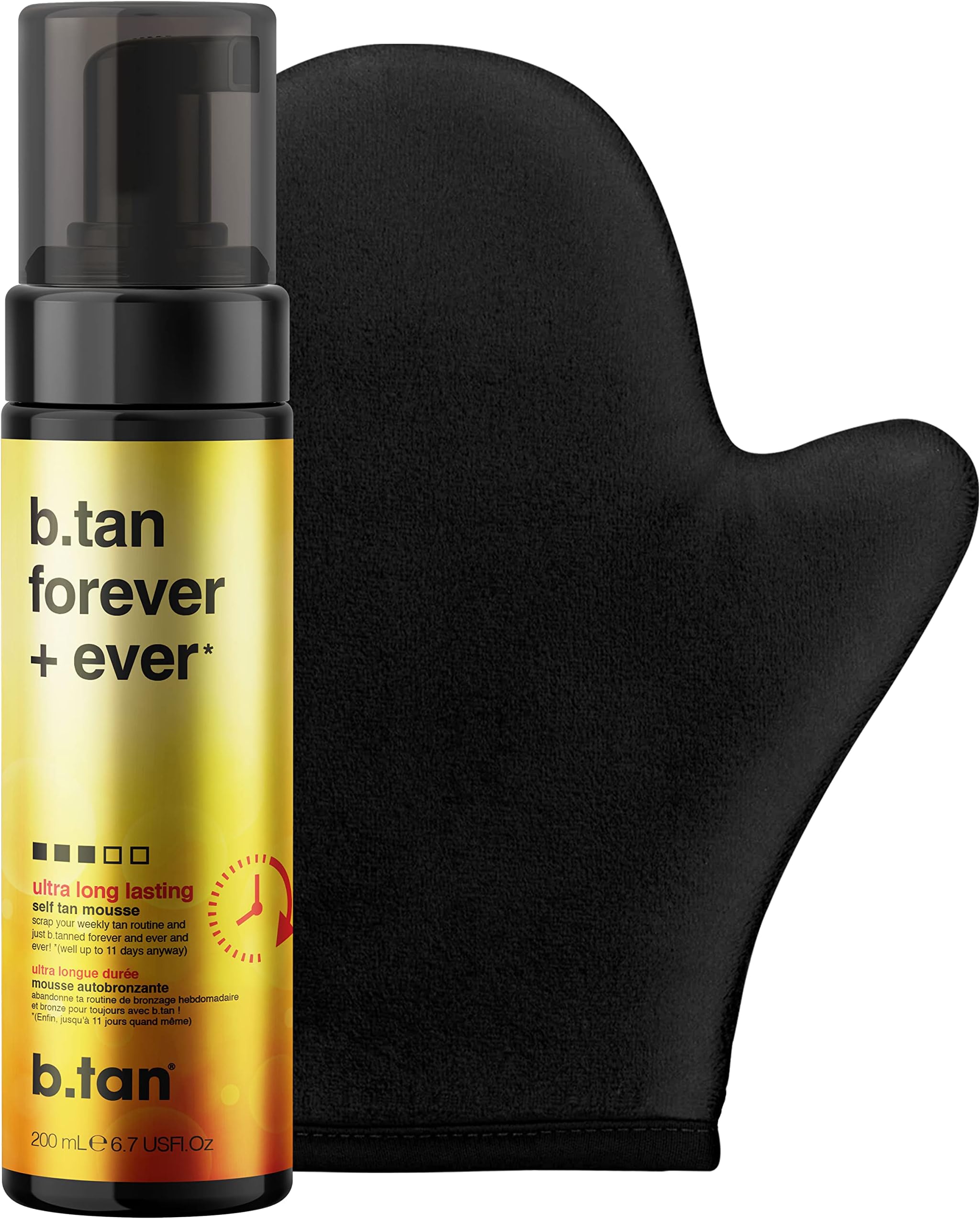 b.tan Long Lasting Self Tanning Gift Set | b.tan Forever Kit - Best Express Fake Tan w/Mitt Applicator Glove, 1 Hour Dark Face & Body Tanner Mousse, Instant Results, Vegan, Cruelty Free, 200ml