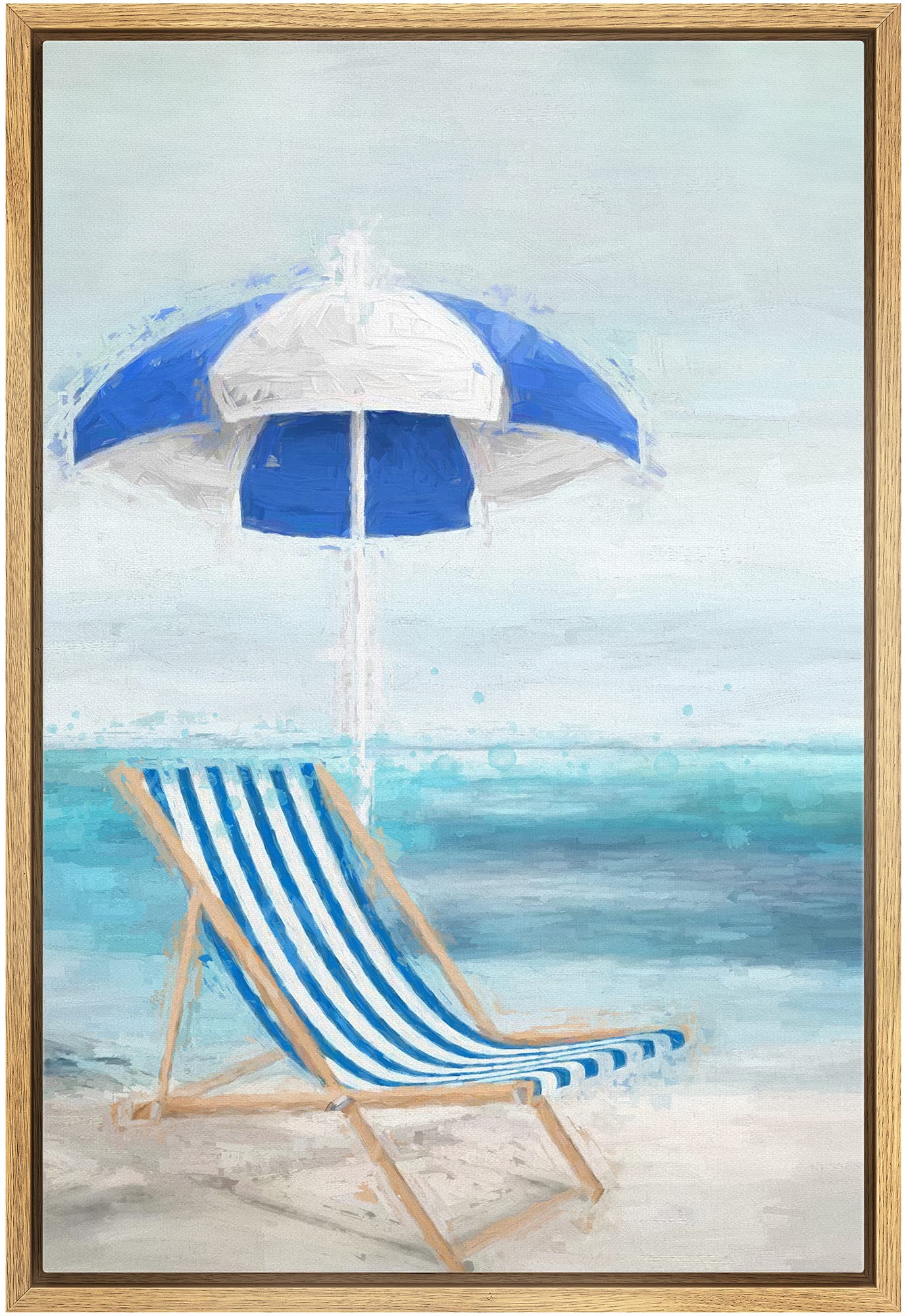 MUDECOR Framed Canvas Print Wall Art Striped White & Blue Beach Umbrella & Chair Coastal Wilderness Illustrations Modern Art Tropical Colorful for