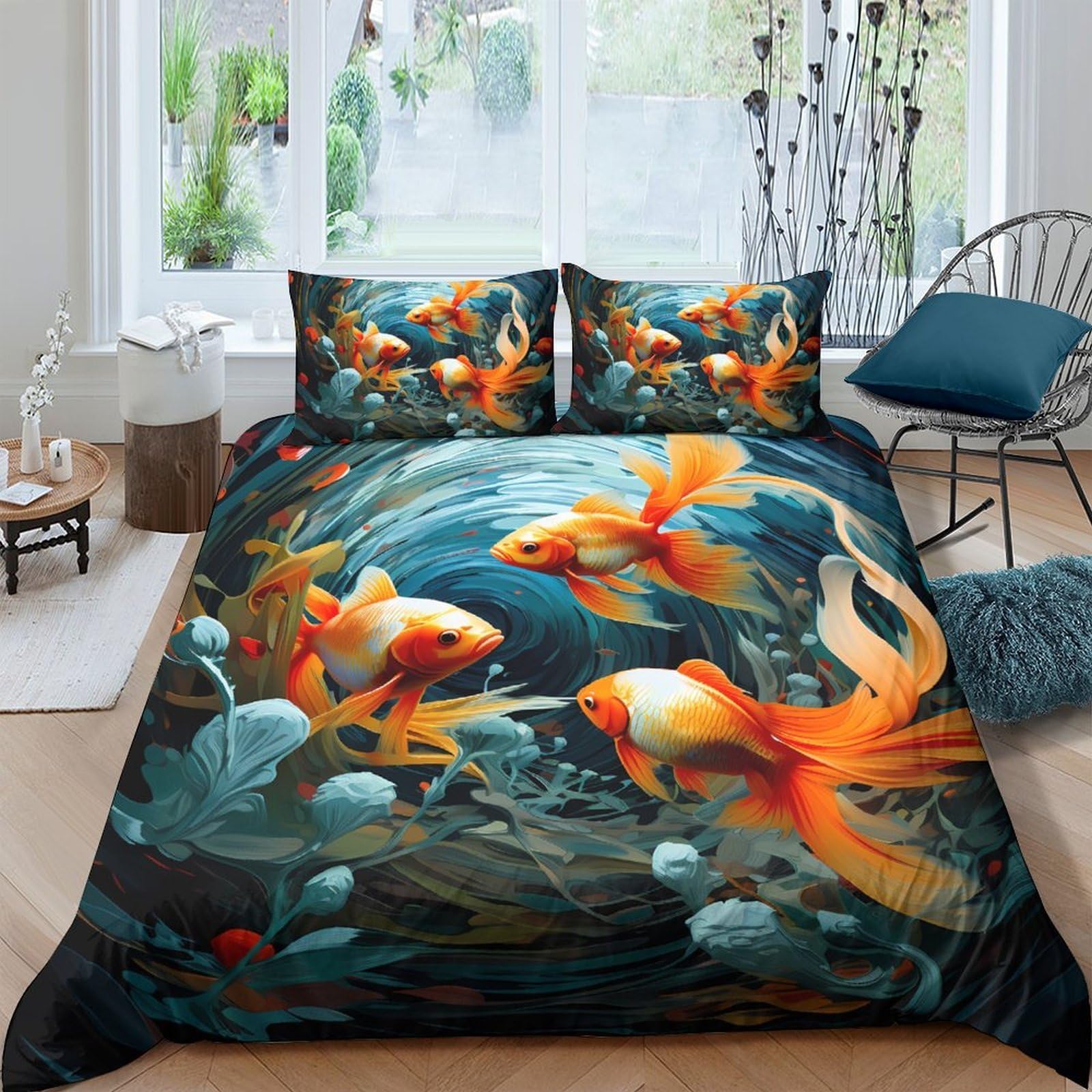 Ctjqhvkz Style-10 3D Printed Goldfish Underwater Fitted Sheet Microfiber Soft Orange Blue Artistic Bed Cover For Bedroom Dorm Mattress Decor Single（135X200cm）