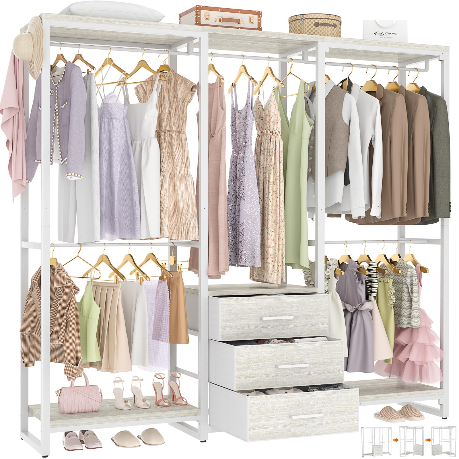 iSunirm Heavy-Duty Clothes Rails, Clothes Rack, Open Wardrobe,75 Inch Large Capacity Closet with Drawers and 5 Hanging Rods,Adjustable Closet Racks,Max Load 800LBS, White Oak