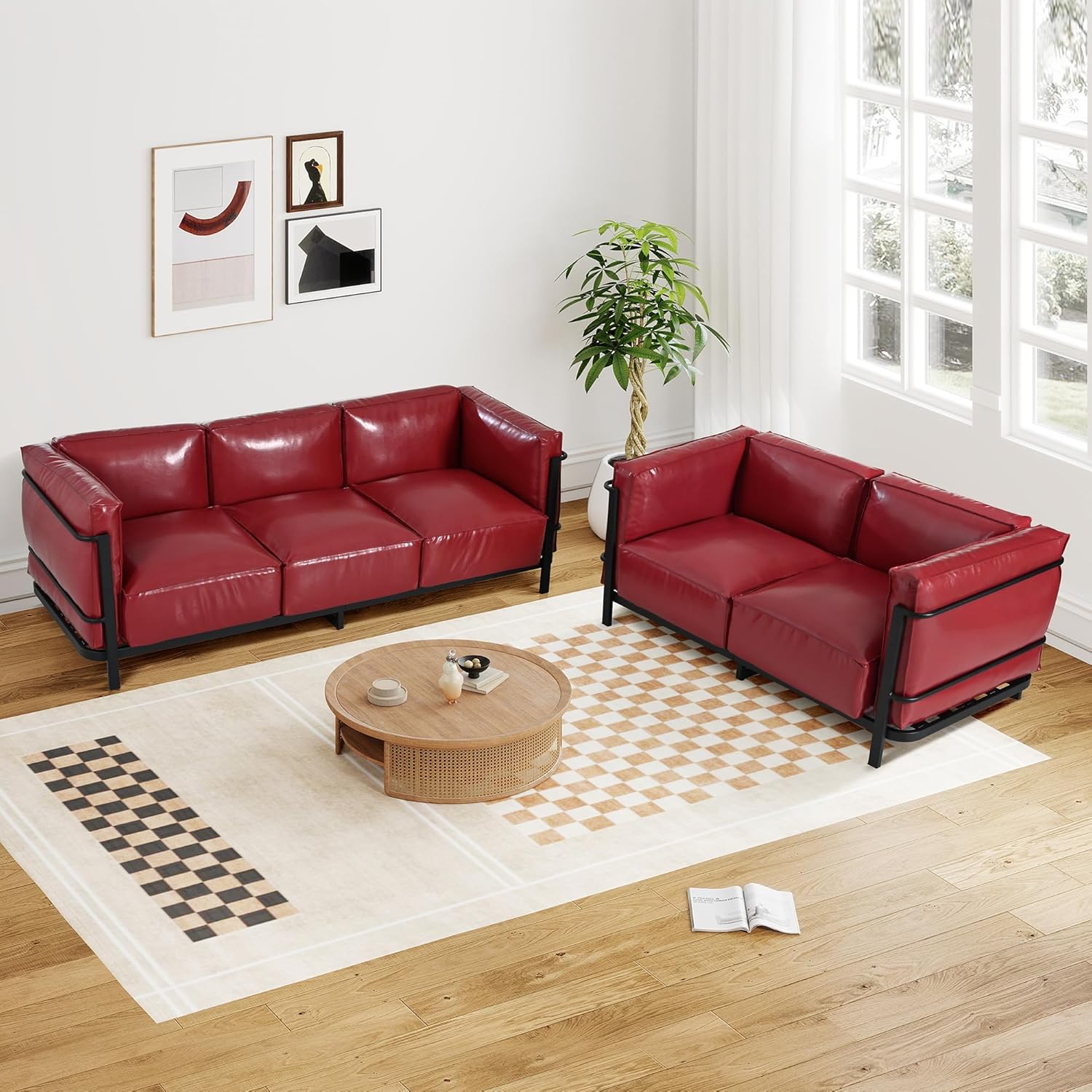 Minimalist Style 3 Seater Sofa, Mid-Century Modern Faux Leather Sofa Couch with Fixed-Shape Iron Frame, Upholstered Couch Chair for Living Room, Office, Apartment (Burgundy, Loveseat Sofa)