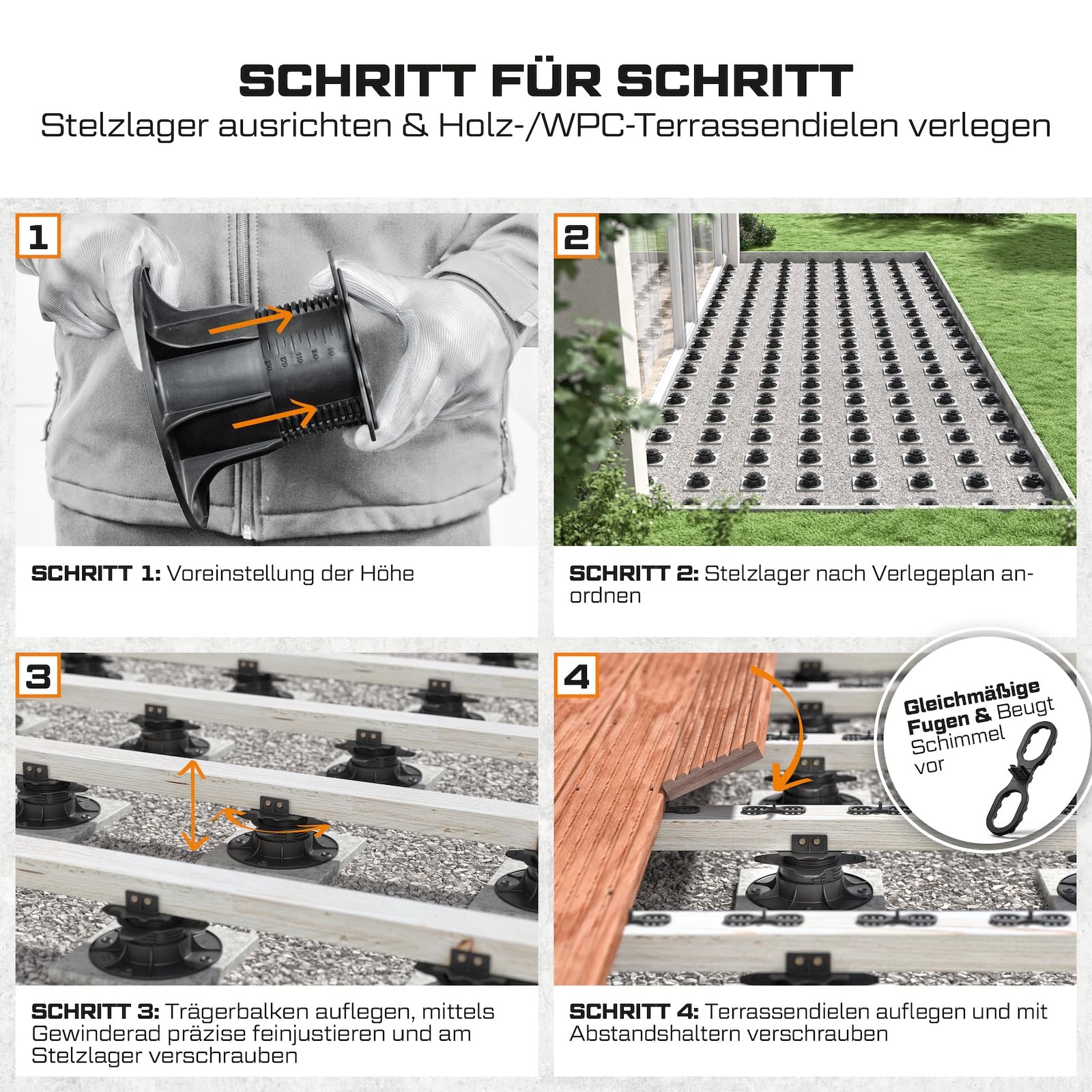 10x LANGFIT® Stelzlager "L" für Terrassendielen – Bis 50% schneller montiert – Mit Maßskala – Stufenlos höhenverstellbar von 35-75mm – Für Unterkonstruktionen aus Holz, WPC, Alu – Made in Germany