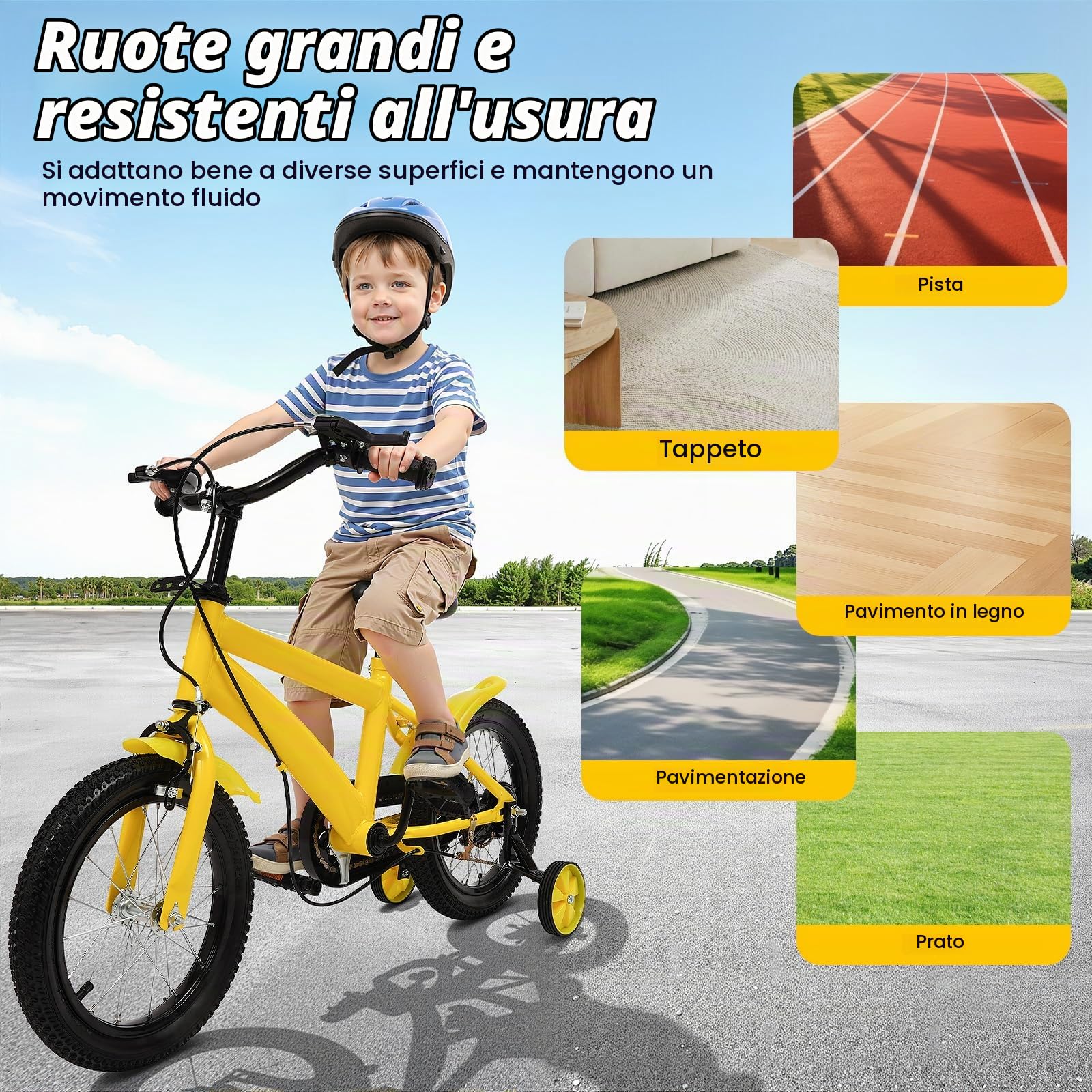 Bicicletta per bambini da 14 pollici regolabile in altezza, a partire dai 3 anni, bicicletta sicura con rotelle stabilizzatrici e sistema a doppio freno, per ragazzi e ragazze, perfetta per