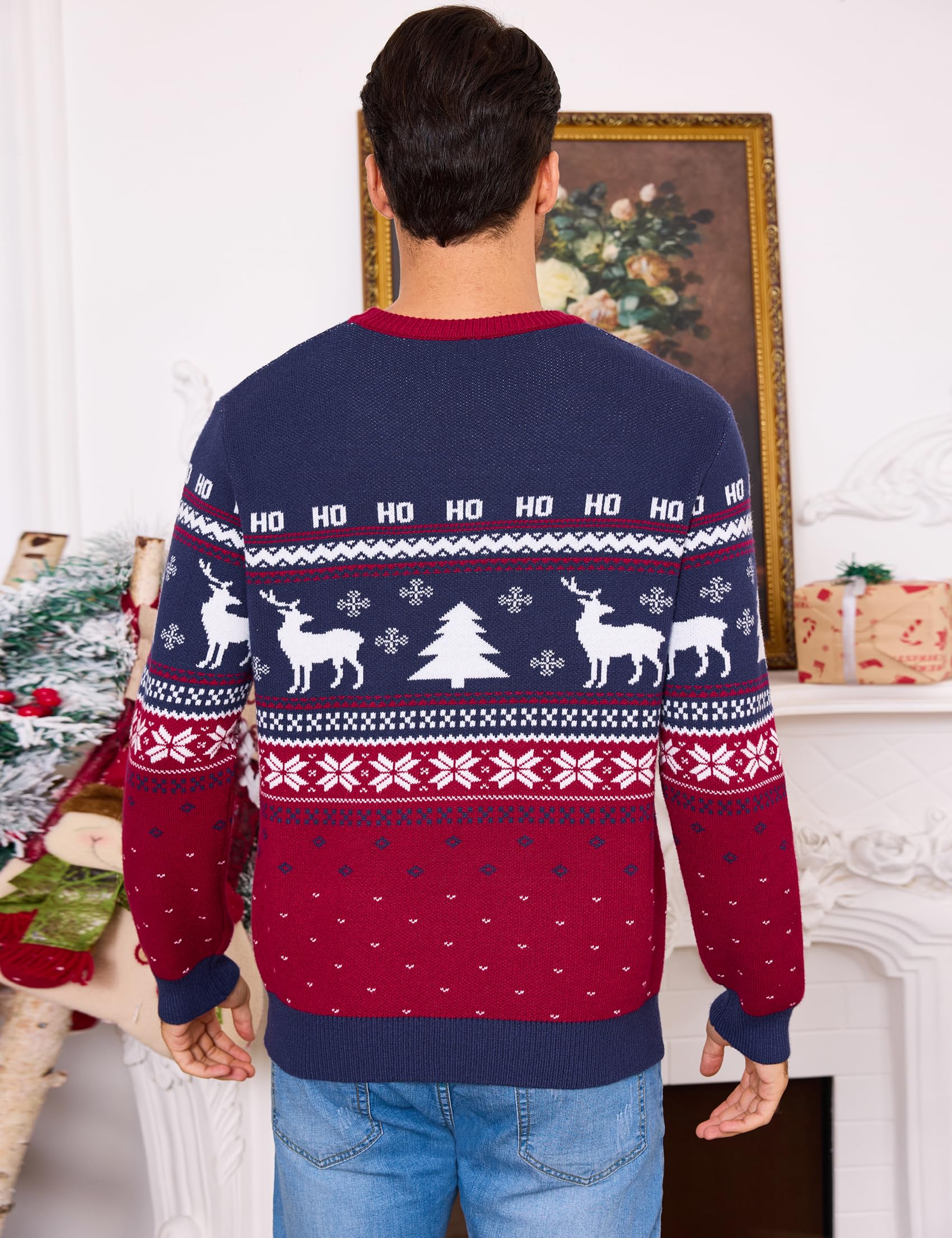 Jersey Navideño Cuello Redondo para Hombre Suéter de Manga Larga Cálido Reno Pullover de Punto Tallas S-XXL