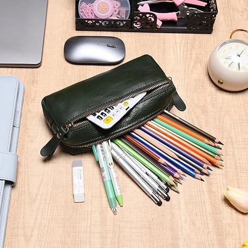 Miniatura 2 de WONDERPOOL Aen - Estuche de cuero real para lápices, bolsa de gran capacidad con bolsillo lateral con cremallera para herramientas de papelería