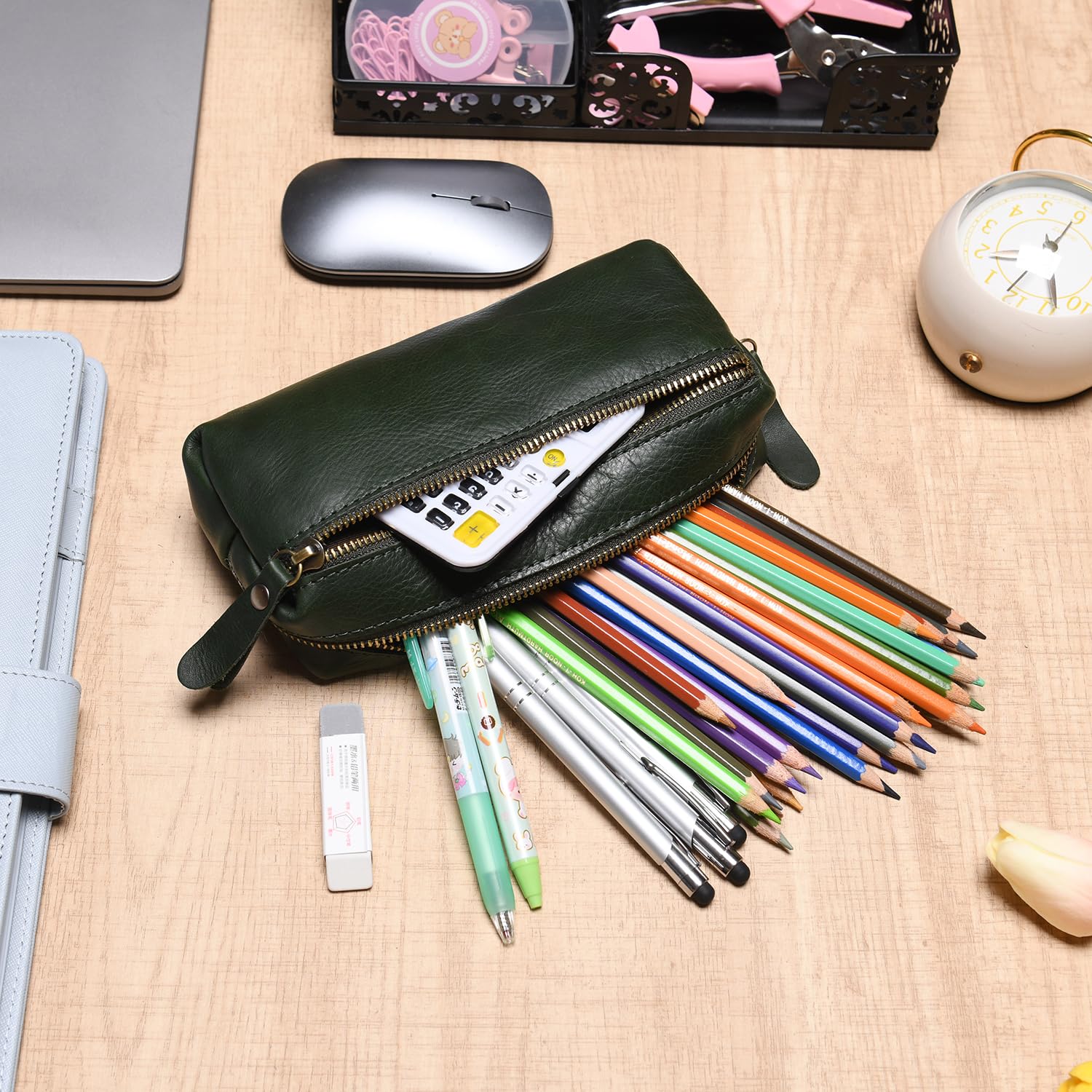 Wonderpool Pen Case Real Leather Pencil Pouch Markers Holder Big Capacity Bag with Side Zippered Pocket Sleeve for Stationery Makeup Utensils Organizer (Green) - Image 2