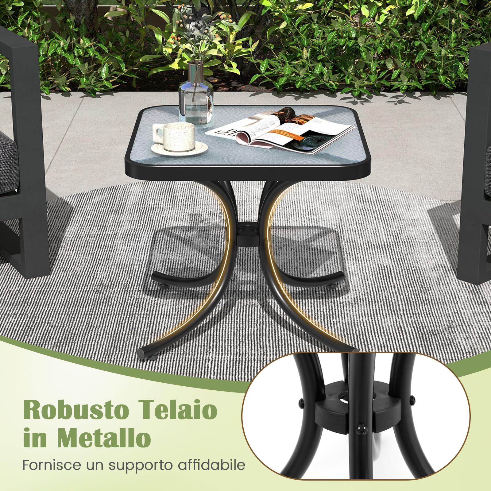 RELAX4LIFE Tavolo da Giardino, Tavolino da Balcone in Vetro Temperato senza Foro Ombrellone, Struttura in Metallo Resistente, Design con Effetto Onde, per Esterno e Interno (50×50×45cm, Quadrato)