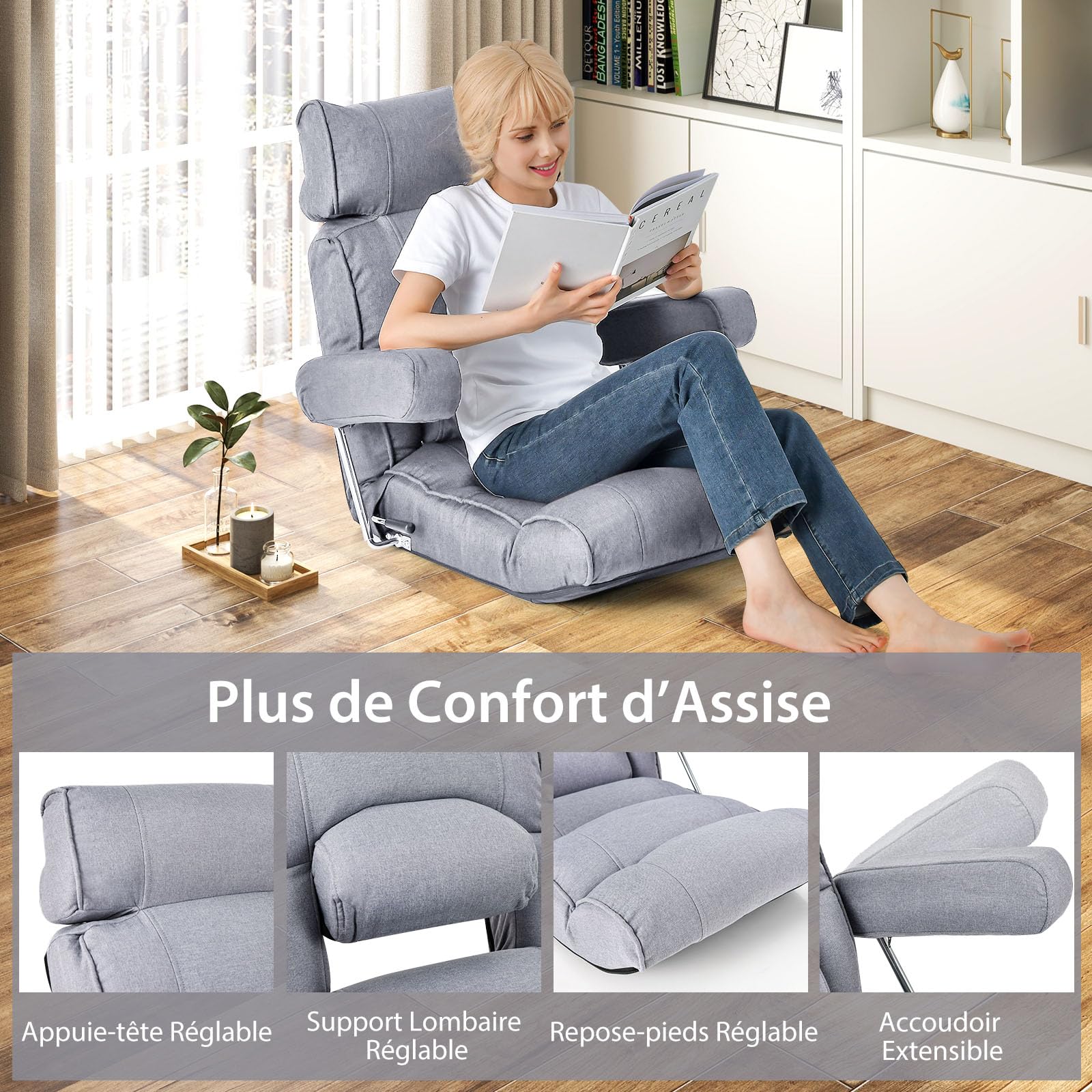RELAX4LIFE Fauteuil de Sol Pliable avec Dossier Réglable 90-180°|Appui-Tête Réglable|Support Lombaire|Position à Plat|Accoudoirs Rabattables, Fateuil Relaxant pour Salon Chambre Bureau (Gris)