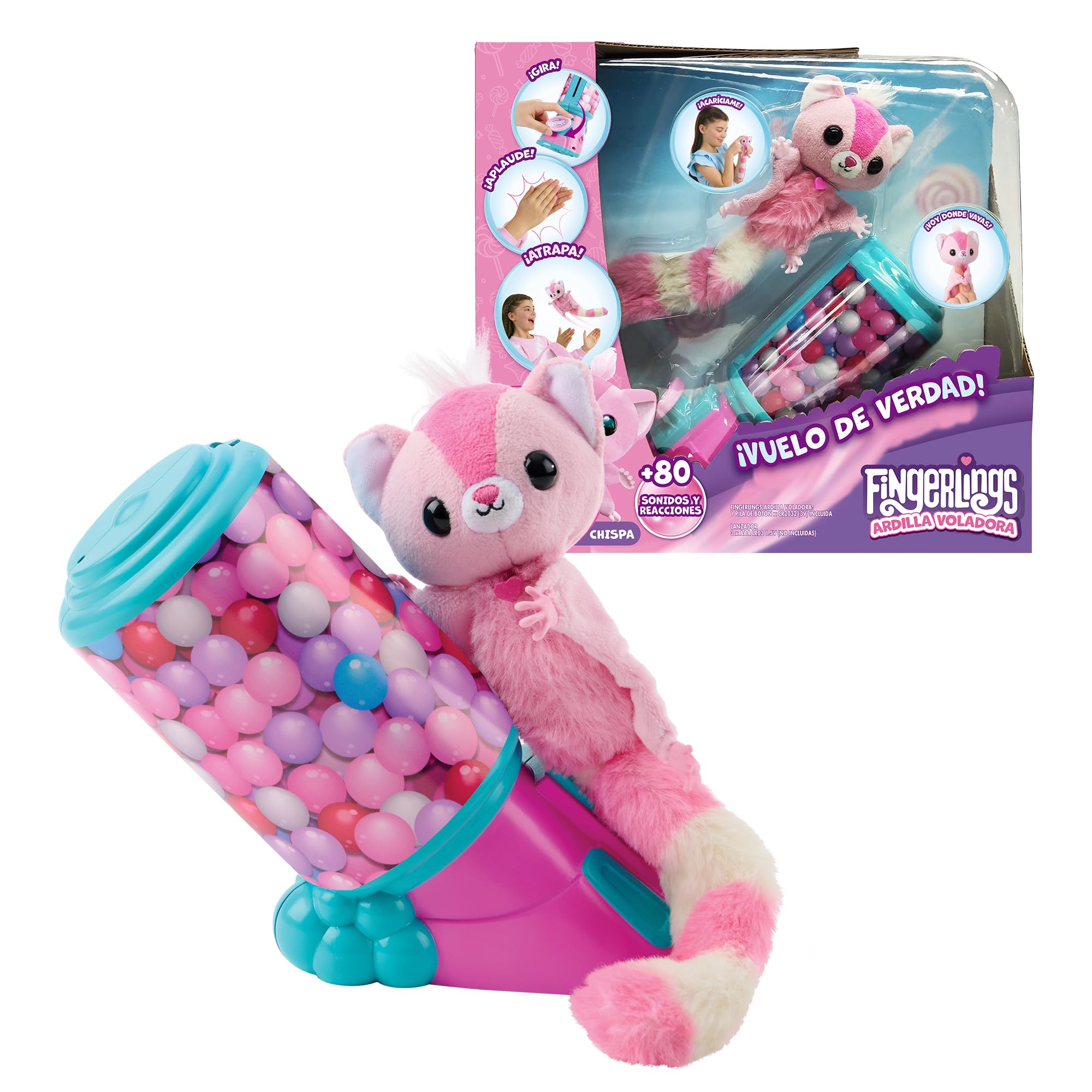 Bizak Fingerling 61853147 Écureuil Volant + 75 Sons et réactions, interagit et Vole vers Vous, + 1 mètre de Distance, Lanceur avec Sons et Musique, + 5 Ans