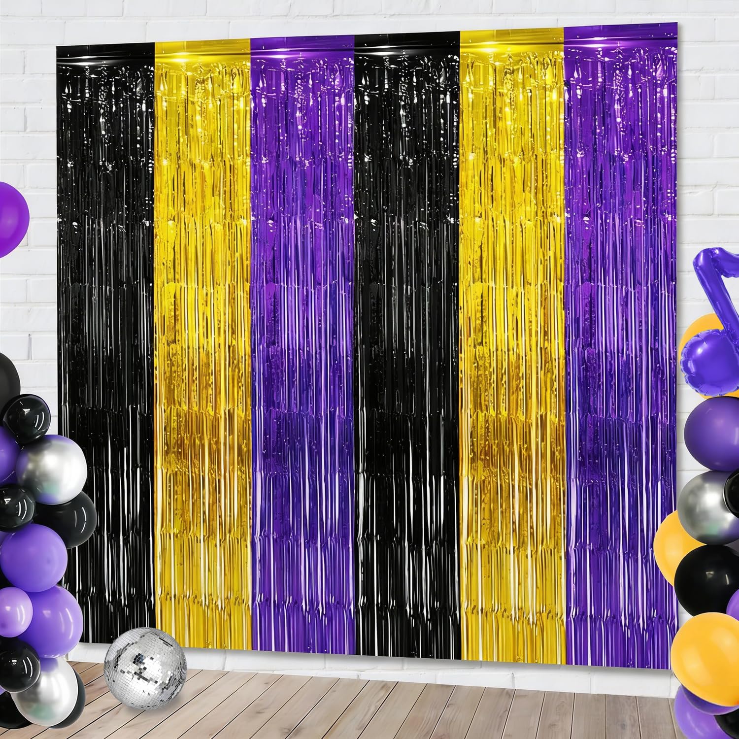 Purple Gold Black Foil Fringe Curtains Birthday Party Decorations, 2 Pack