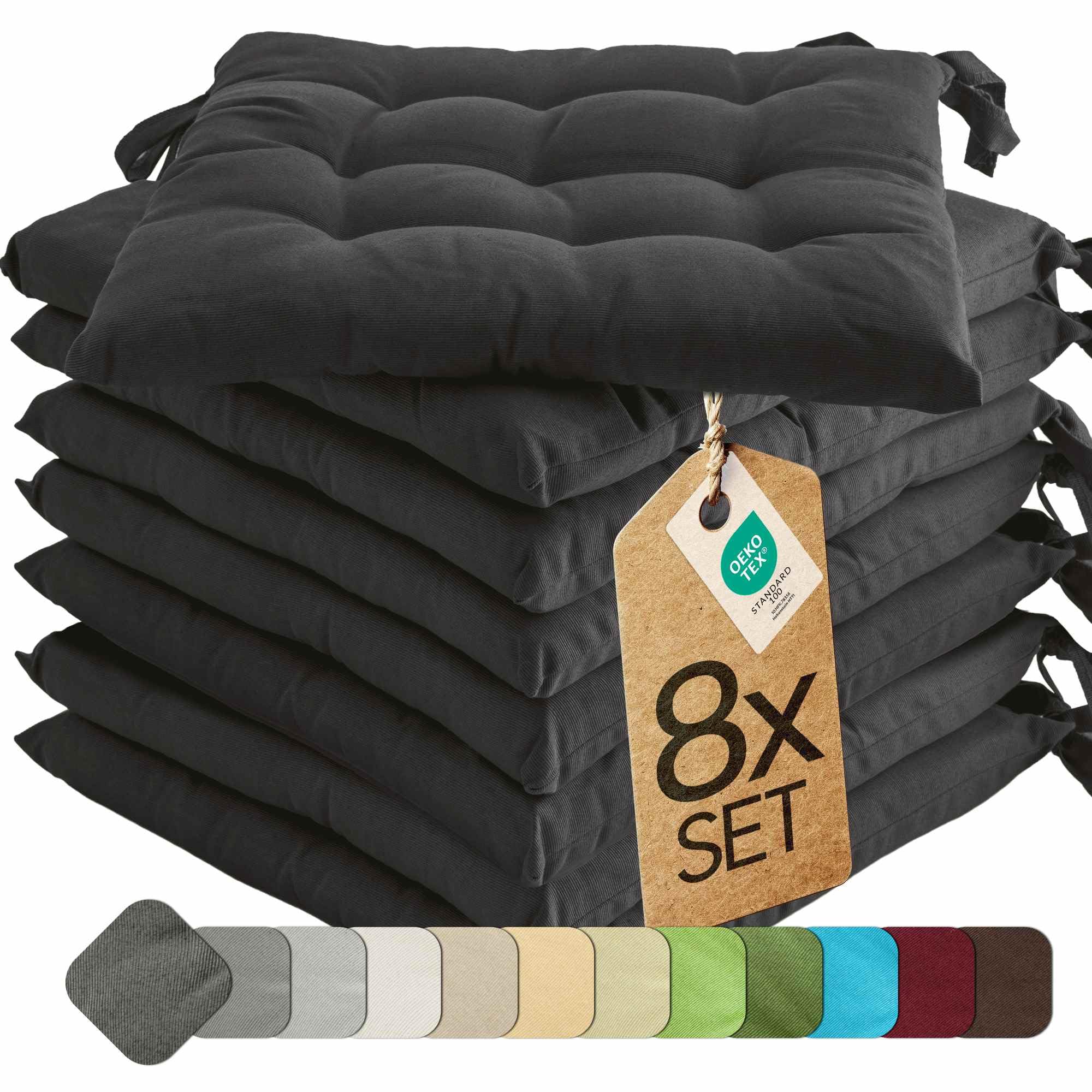 etérea Basic Sitzkissen 40x40 cm 8er Set mit Bändern Anthrazit