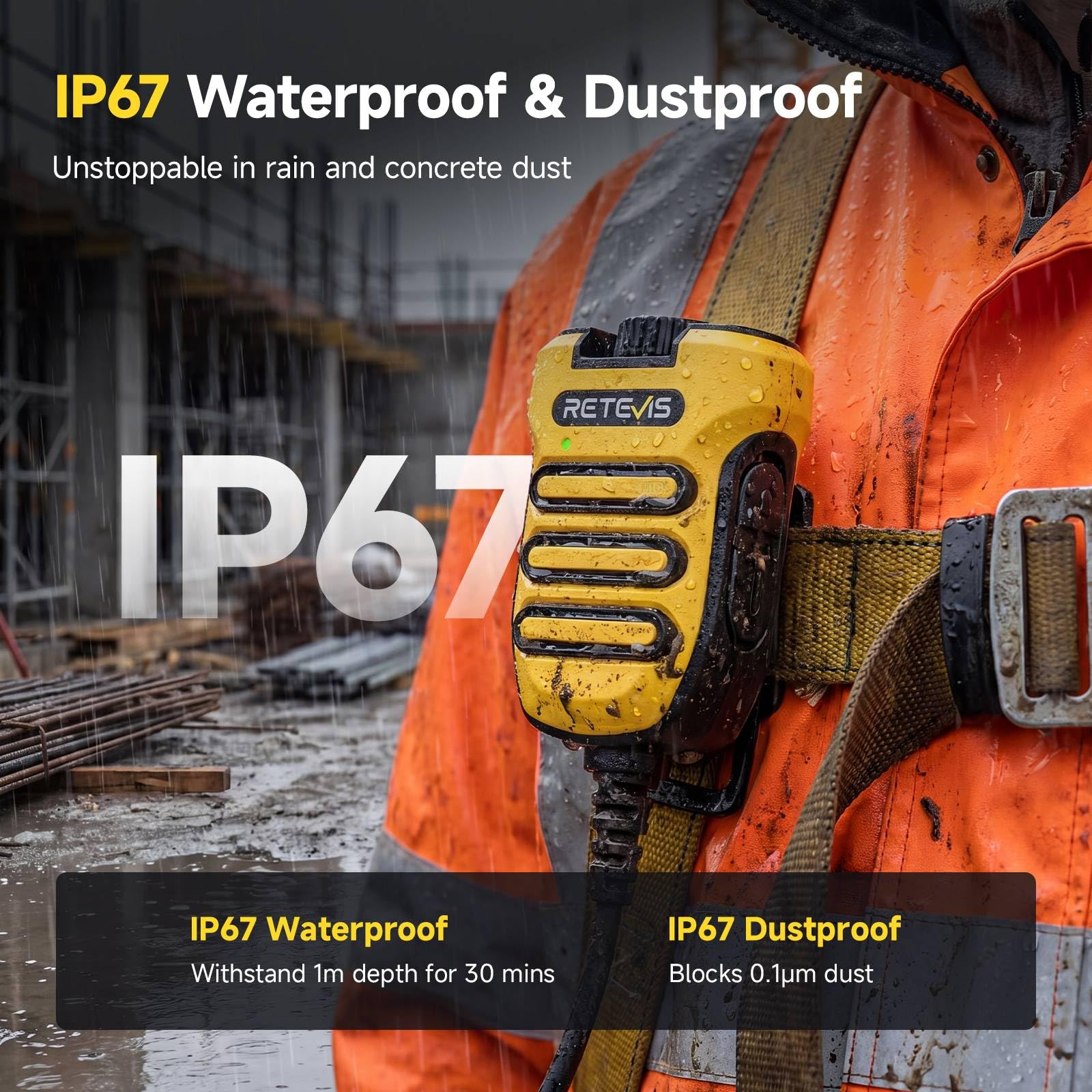 Retevis RB648 - Microfono radio a mano, cancellazione intelligente del rumore, stabile IP67, impermeabile, 1200 mAh, connettore per auricolari USB-C da 3,5 mm, volume regolabile per uso in cantiere (2