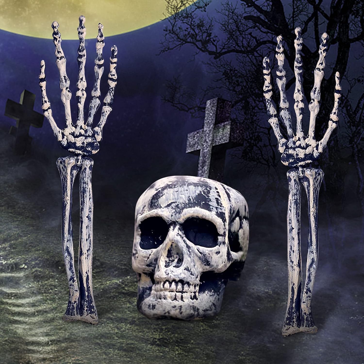 Halloween Decorations, Halloween Skeleton Stakes Set, Realistic Skull Bone Head and Arms Lawn Stakes, Halloween Props, Groundbreakers for Outdoor Indoor Haunted House, Graveyard, Cemetery Lawn Decor