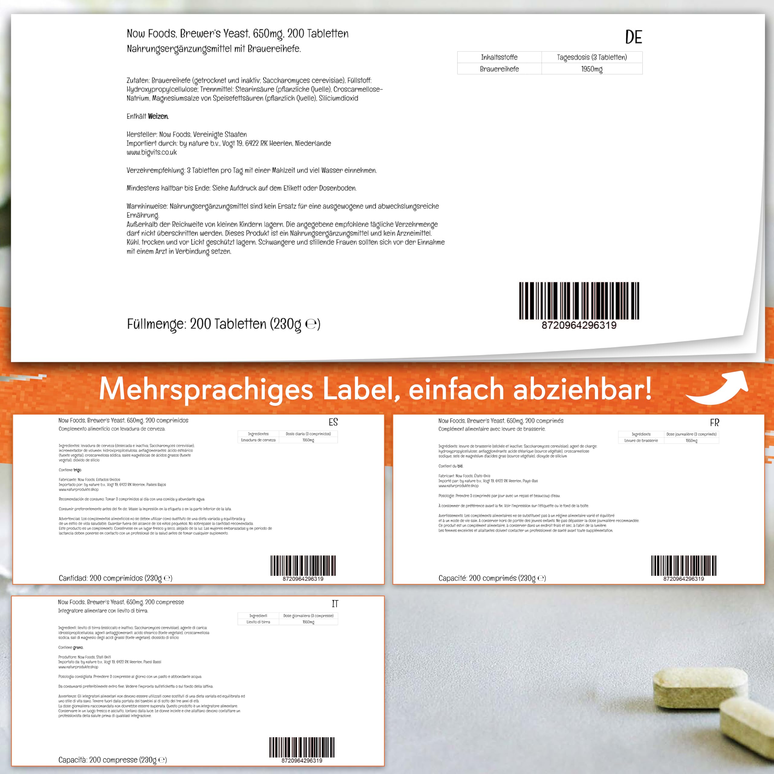 Now Foods, Brewer's Yeast (Brauereihefe), Saccharomyces cerevisiae, 650mg, 200 vegane Tabletten, Laborgeprüft, Sojafrei, Ohne Gentechnik, Vegetarisch