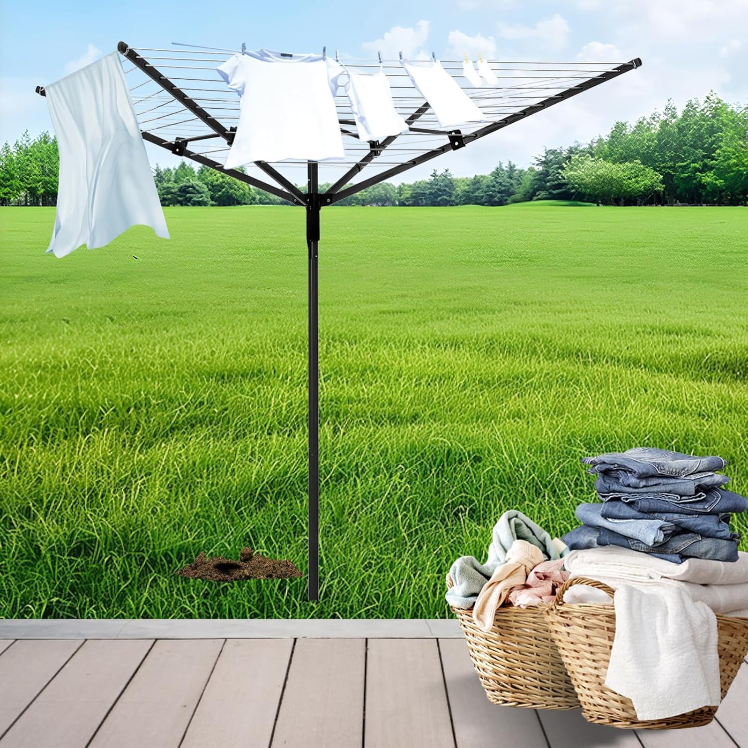 Umbrella Clothesline Outdoor,165 Feet Heavy Duty Outdoor Clothesline for Backyard 12 Lines 4 Arms, Adjustable Height Foldable Retracting Collapsible Clothes Drying Rack for Backyard
