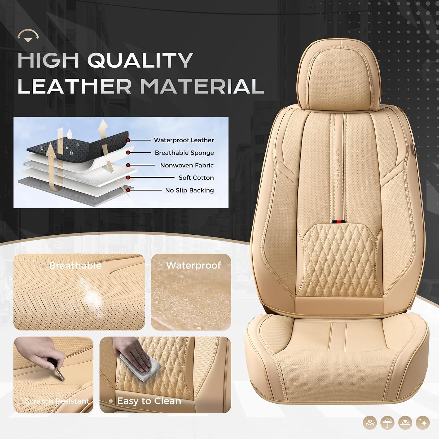 Coverado Seat Covers for Cars, 5 Seat Waterproof Seat Cover with Lumbar Support, Front and Rear Seat Covers, Luxury Leather Car Seat Protectors, Car Seat Cushions Universal Fit for Most Cars (Beige)