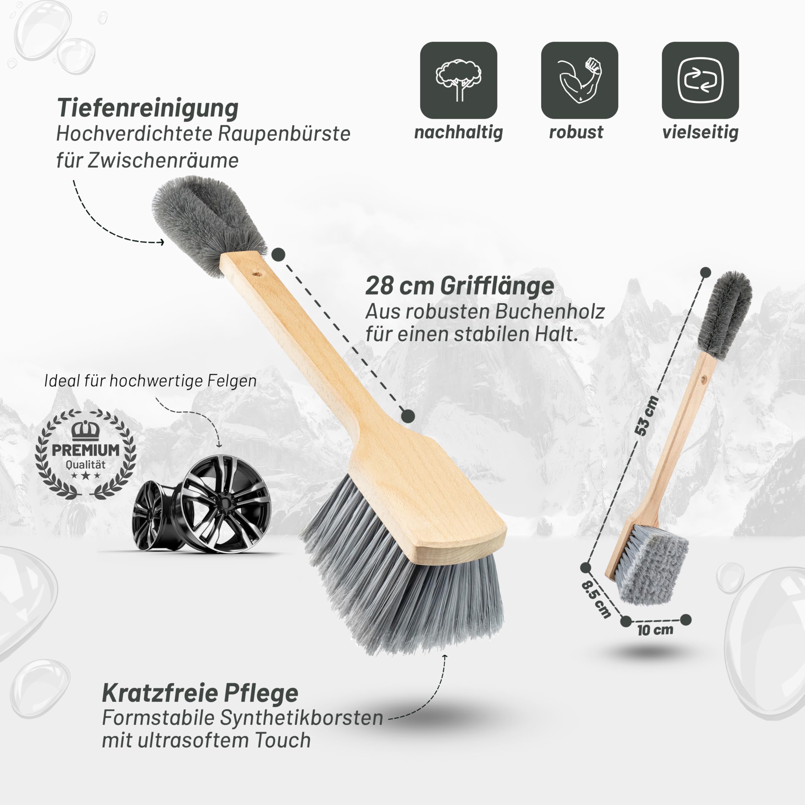 ORGAFLIX Szczotka premium do felg i felg 2 w 1, odporna na zarysowania, z miękkim syntetycznym włosiem, szczotka do mycia samochodu, motocykla, roweru, roweru elektrycznego i kampera – Made in Germany